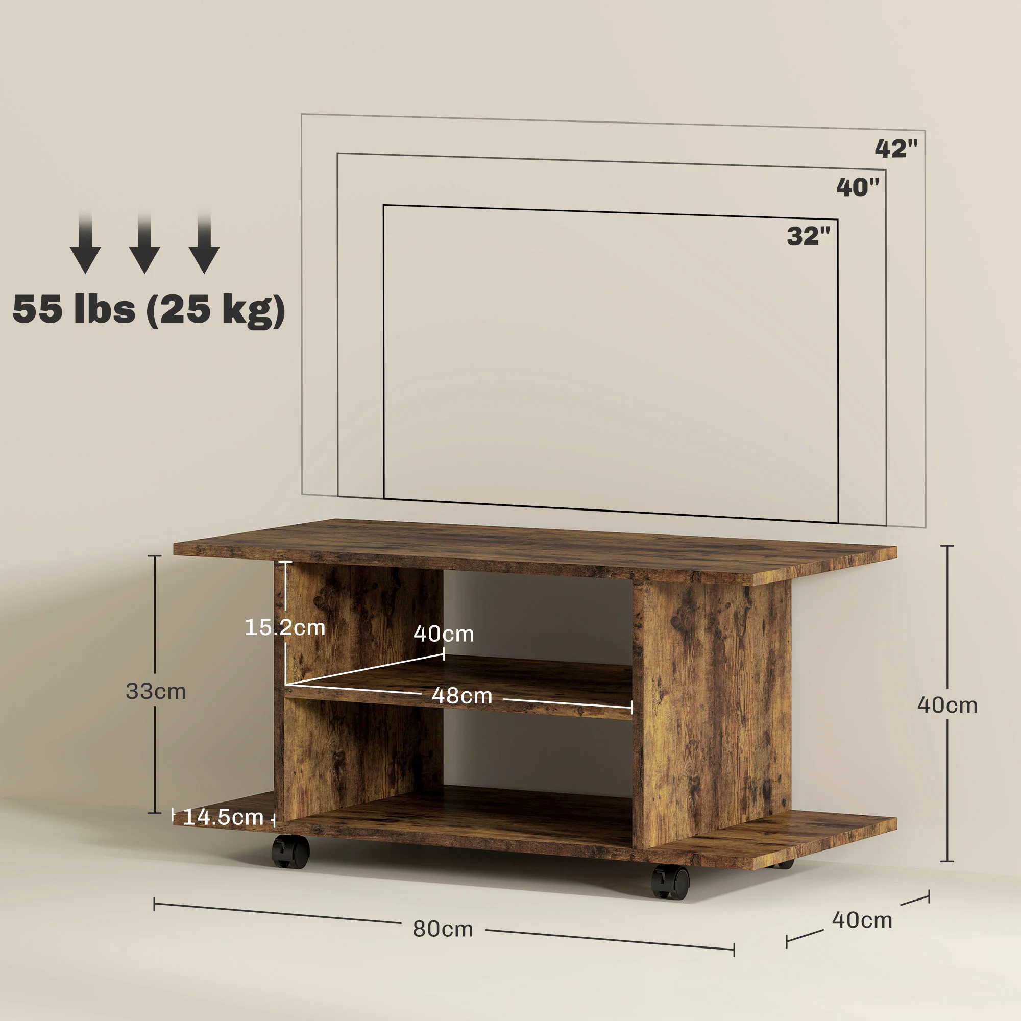 HOMCOM Brown Modern TV Cabinet Stand Storage Shelves Table Mobile Rustic - Image 5