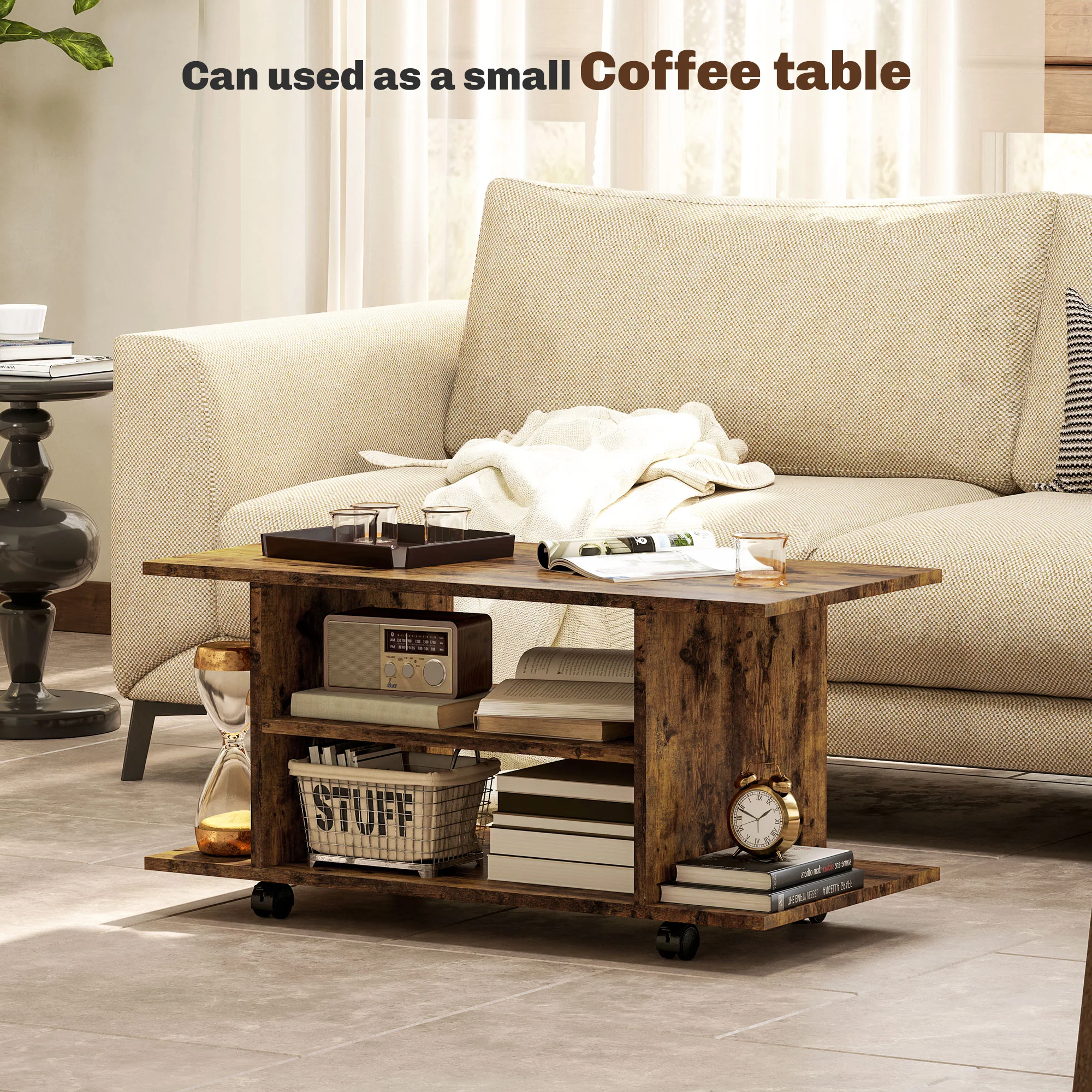 HOMCOM Brown Modern TV Cabinet Stand Storage Shelves Table Mobile Rustic - Image 6