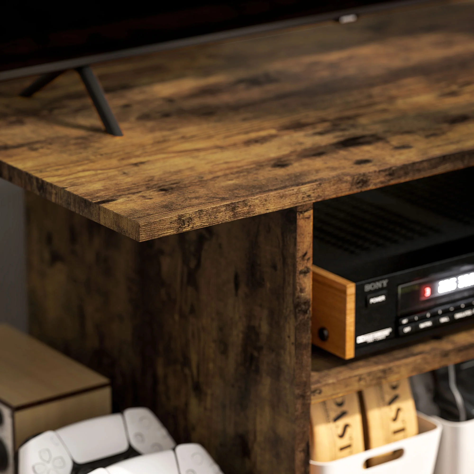 HOMCOM Brown Modern TV Cabinet Stand Storage Shelves Table Mobile Rustic - Image 8
