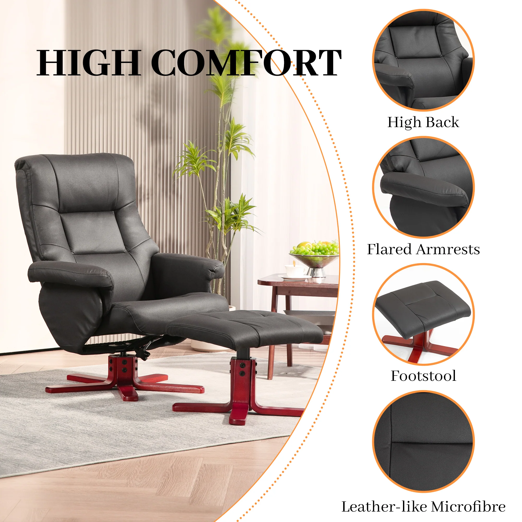 HOMCOM Recliner Chair With Footstool, Backrest Adjustable, Armchair - Black/Brown - Image 15