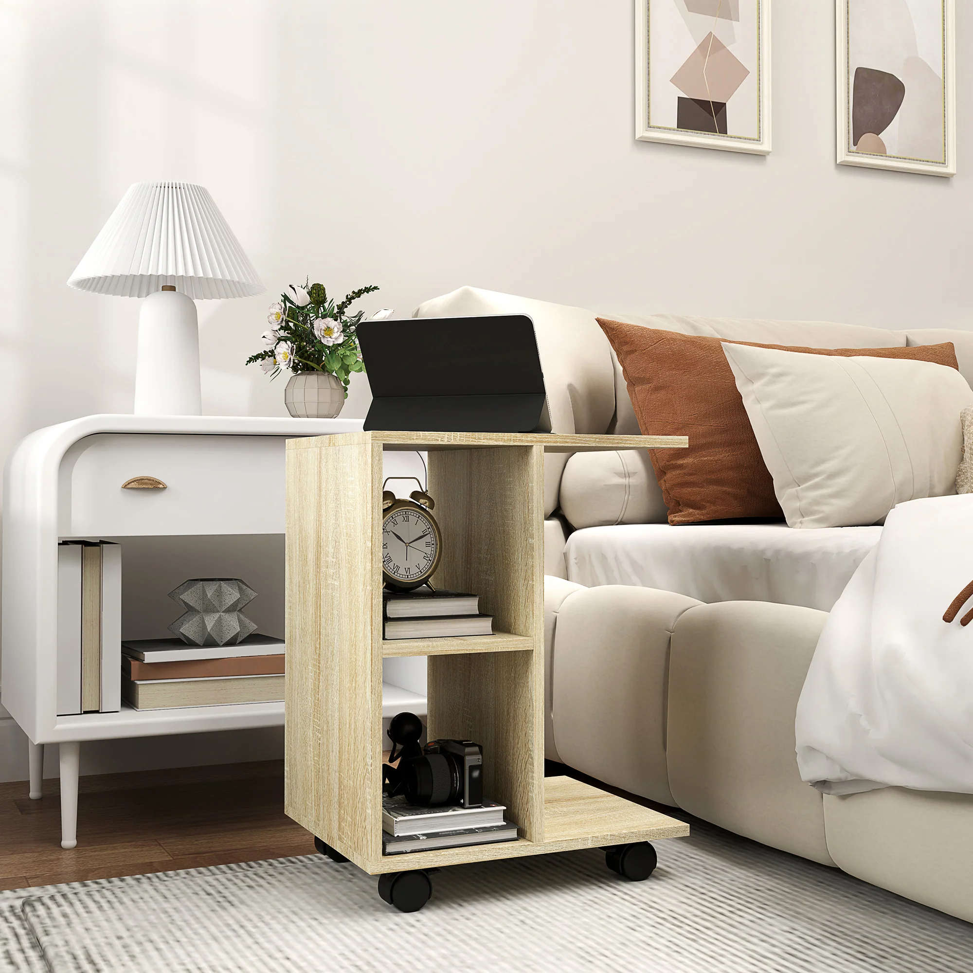 HOMCOM C-Shape End Table Storage Unit W/ 2 Shelves 4 Wheels Home - Image 11