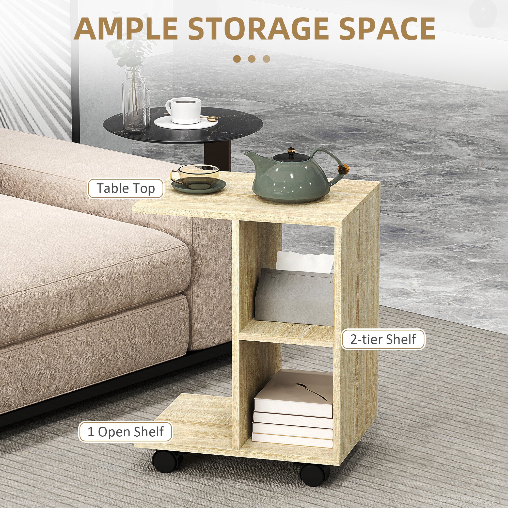 HOMCOM C-Shape End Table Storage Unit W/ 2 Shelves 4 Wheels Home - Image 12