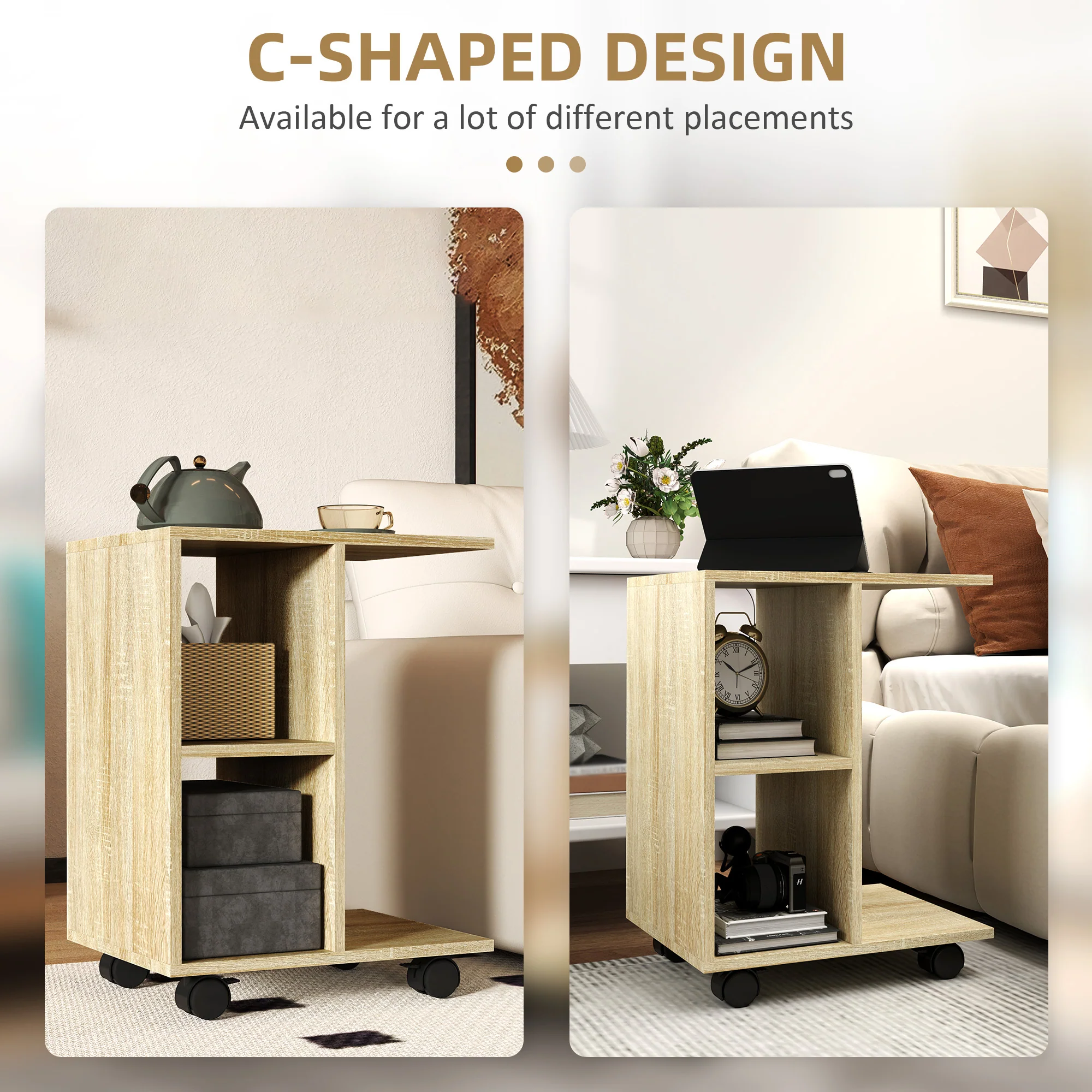 HOMCOM C-Shape End Table Storage Unit W/ 2 Shelves 4 Wheels Home - Image 13