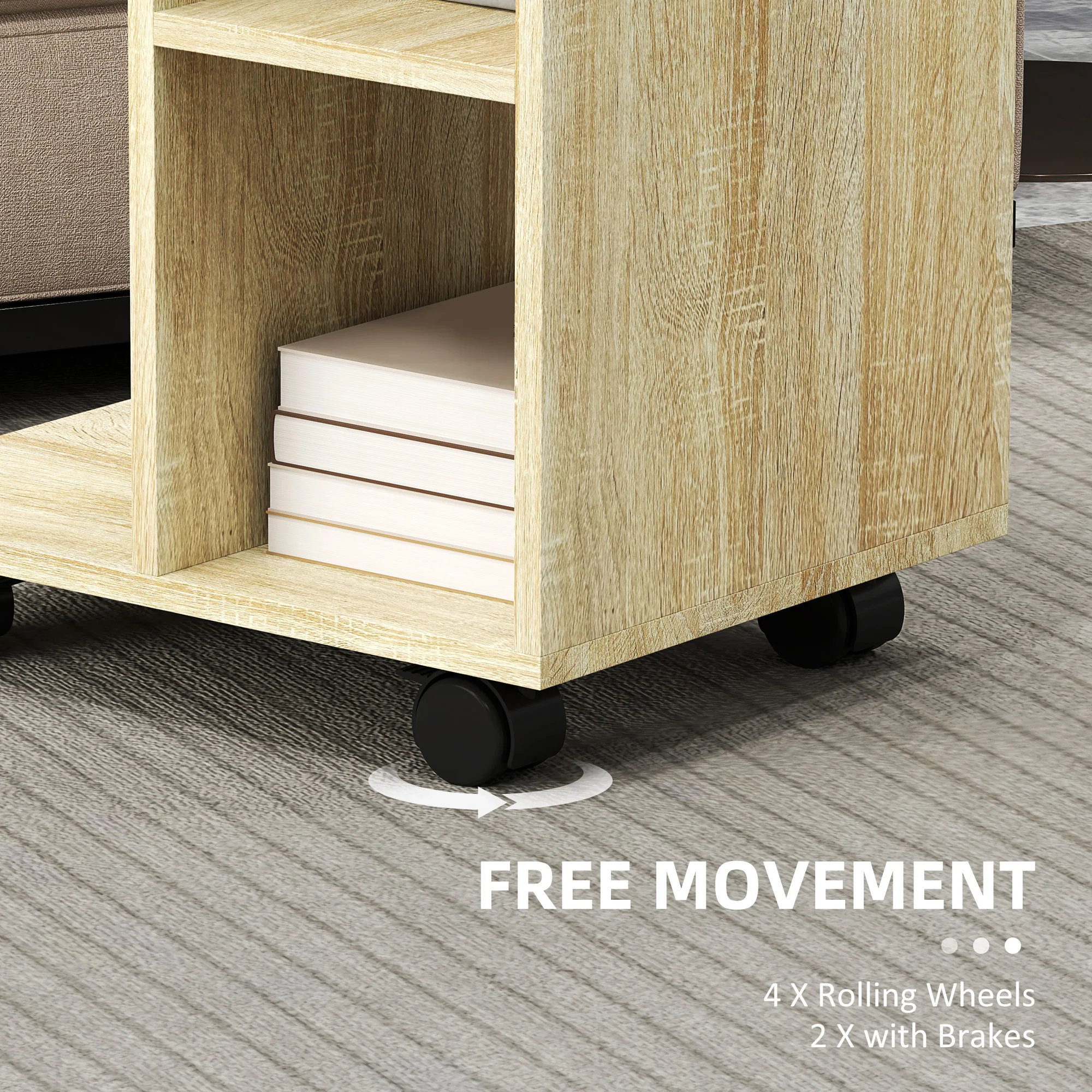 HOMCOM C-Shape End Table Storage Unit W/ 2 Shelves 4 Wheels Home - Image 15