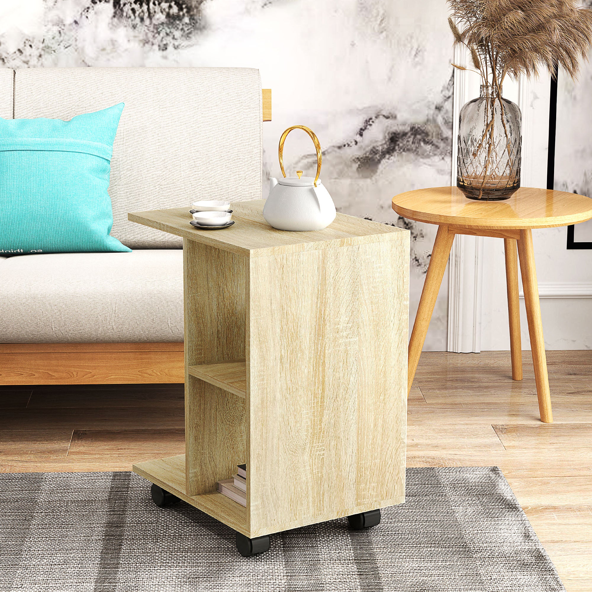 HOMCOM C-Shape End Table Storage Unit W/ 2 Shelves 4 Wheels Home - Image 16