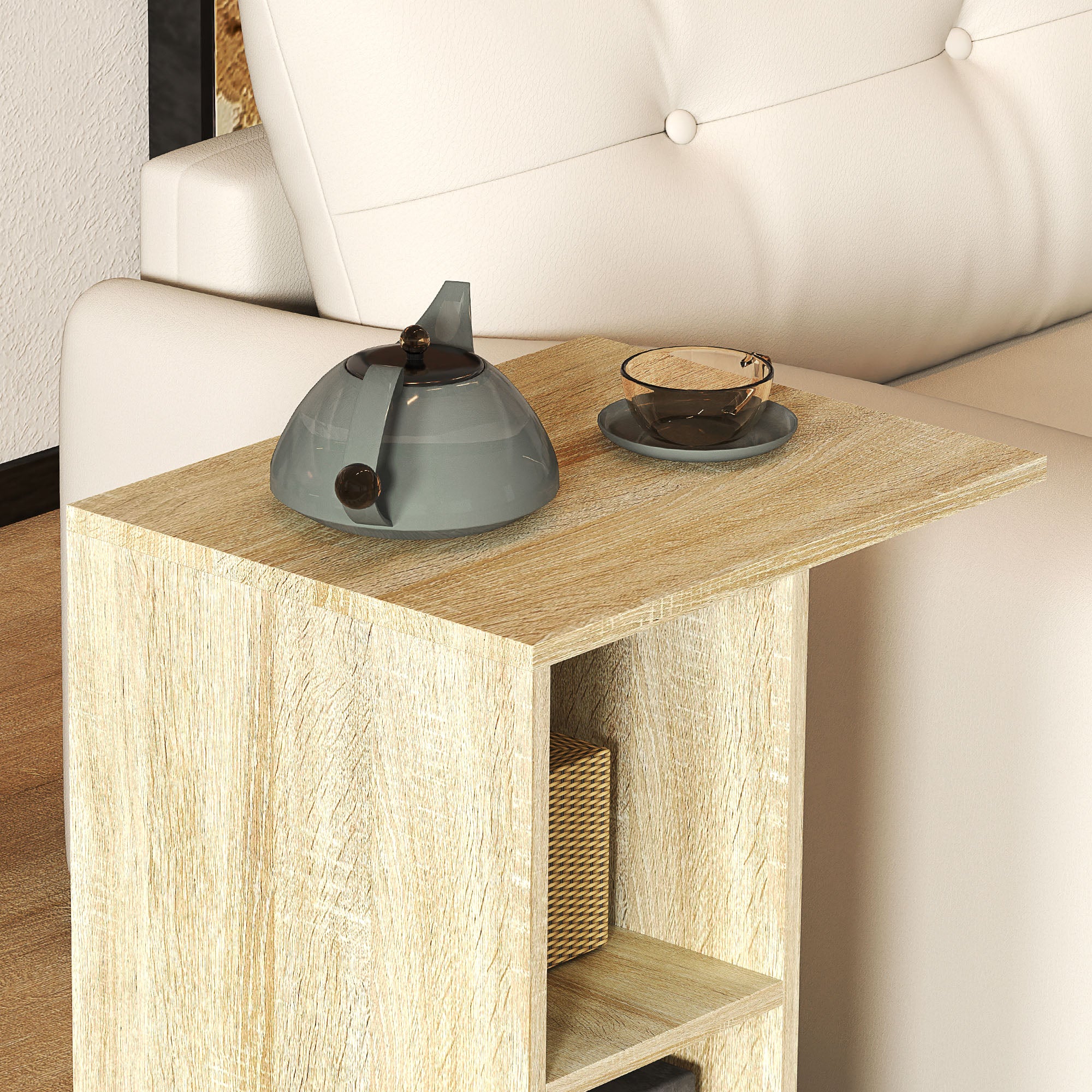 HOMCOM C-Shape End Table Storage Unit W/ 2 Shelves 4 Wheels Home - Image 17