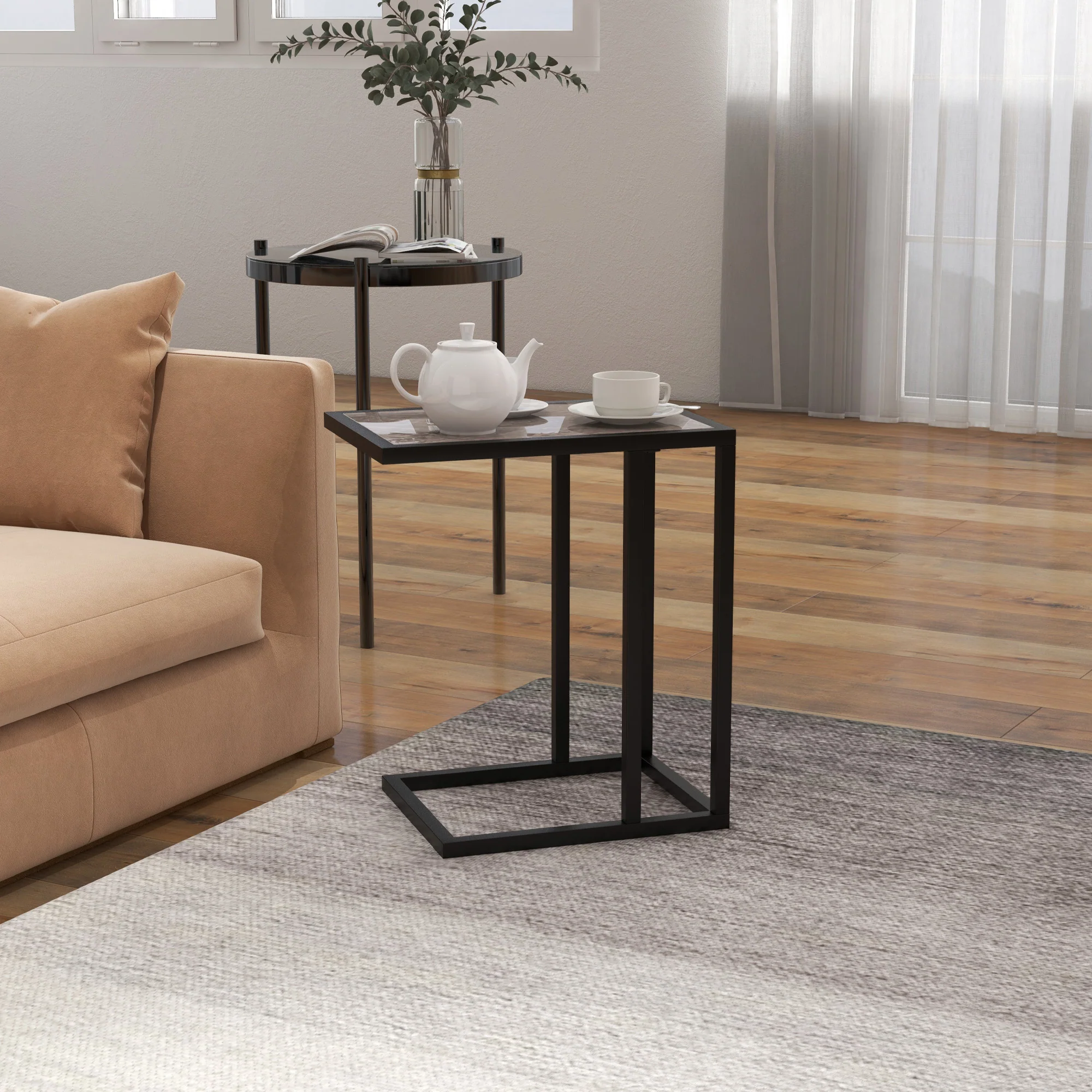HOMCOM C Shape Side Table W/ Marble-Effect Top, Grey - Image 2