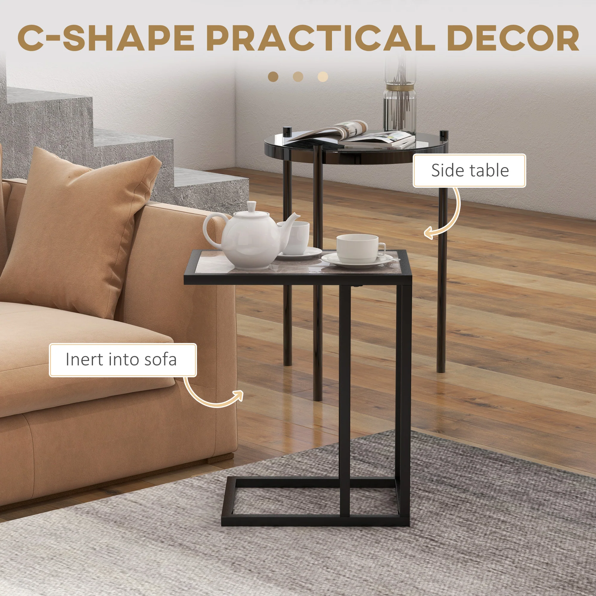 HOMCOM C Shape Side Table W/ Marble-Effect Top, Grey - Image 3