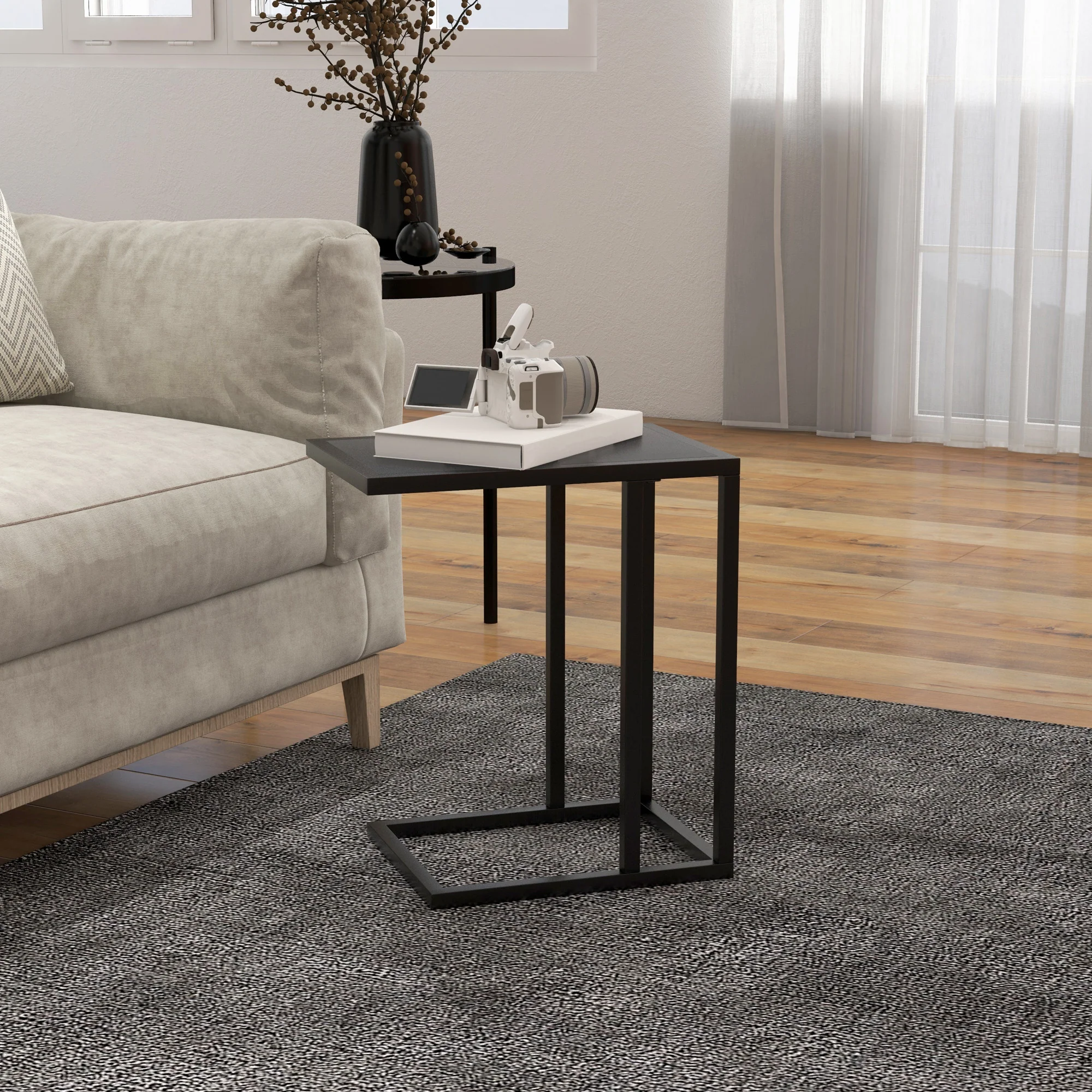 HOMCOM C Shape Side Table W/ Wood-Effect Top, White/Black - Image 11