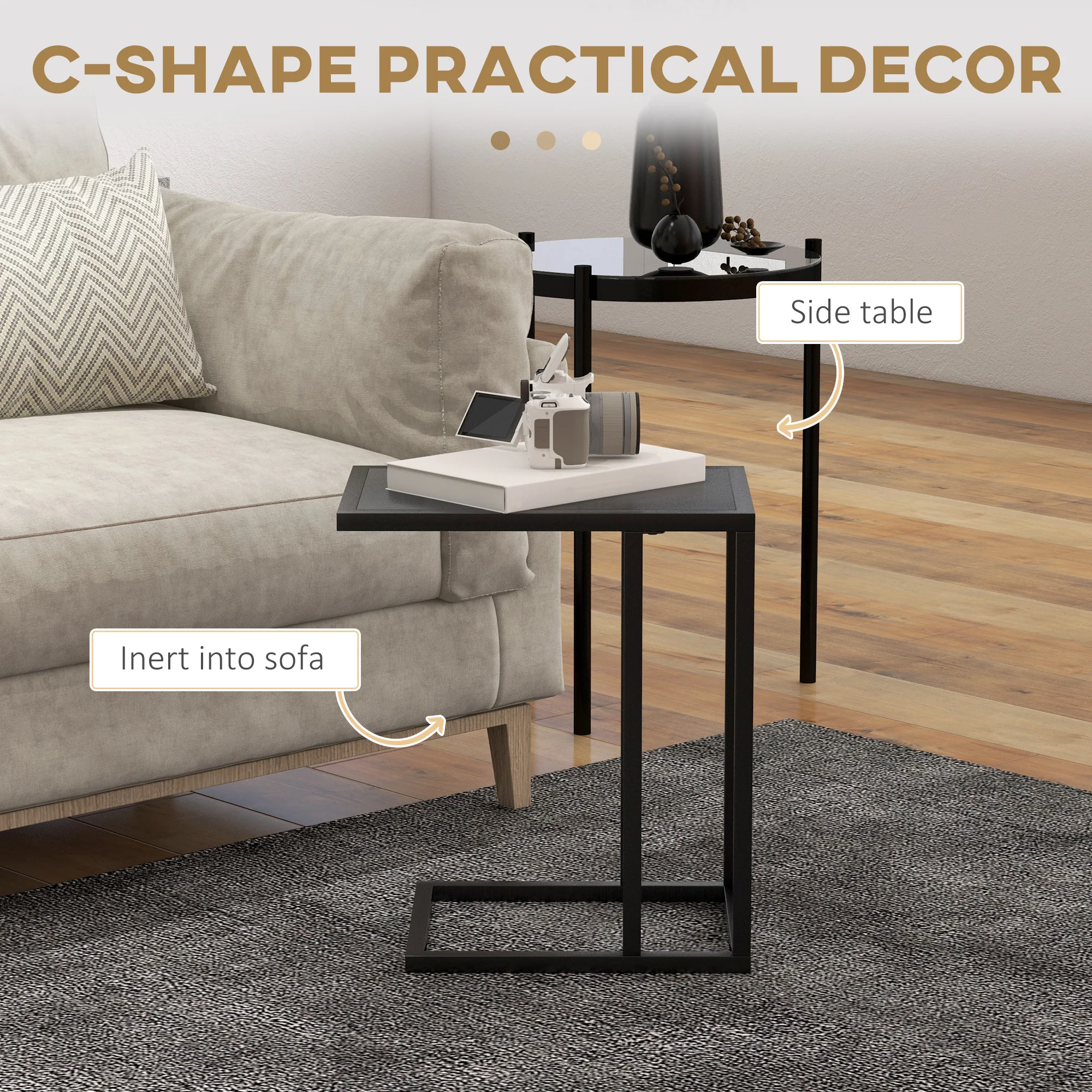 HOMCOM C Shape Side Table W/ Wood-Effect Top, White/Black - Image 12
