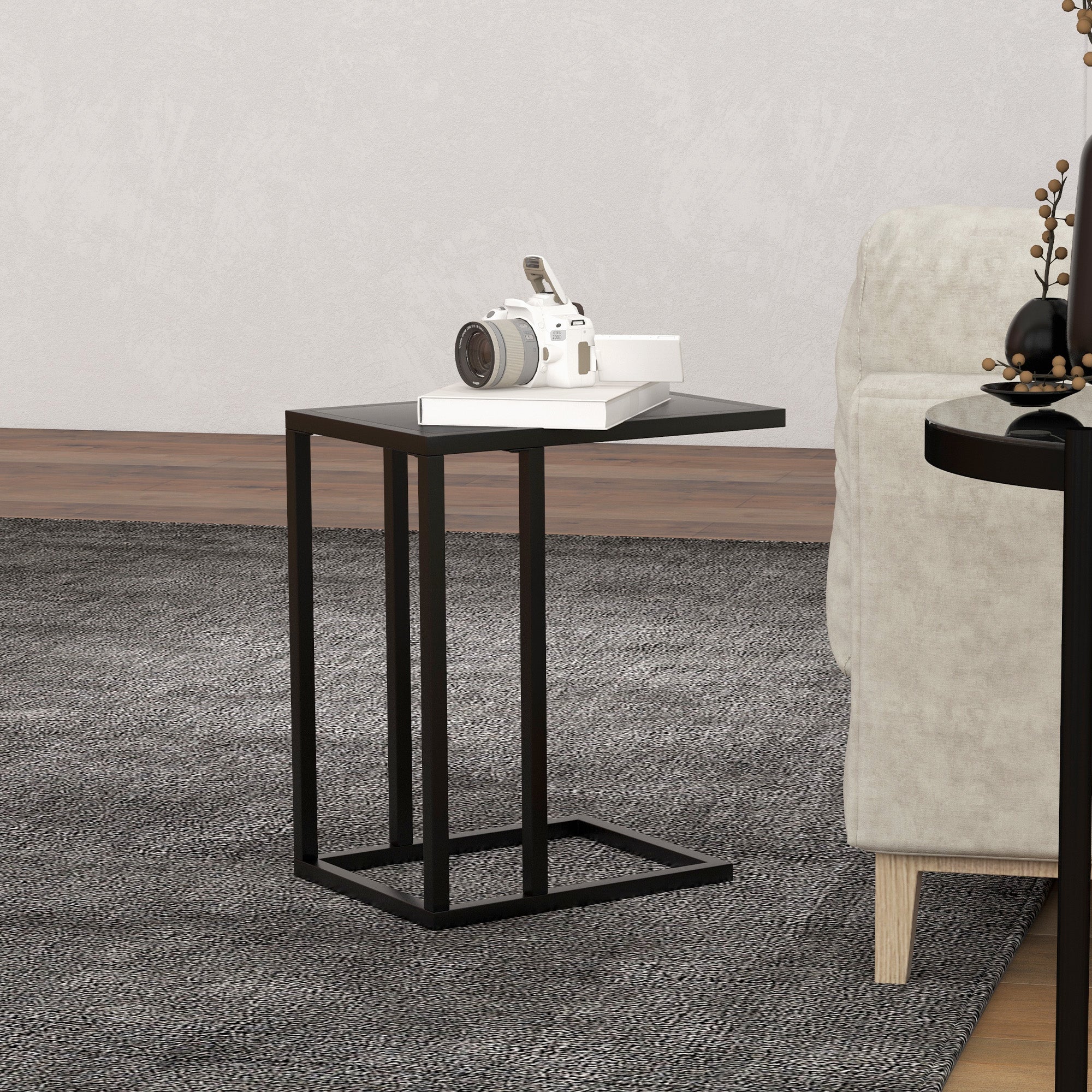 HOMCOM C Shape Side Table W/ Wood-Effect Top, White/Black - Image 15