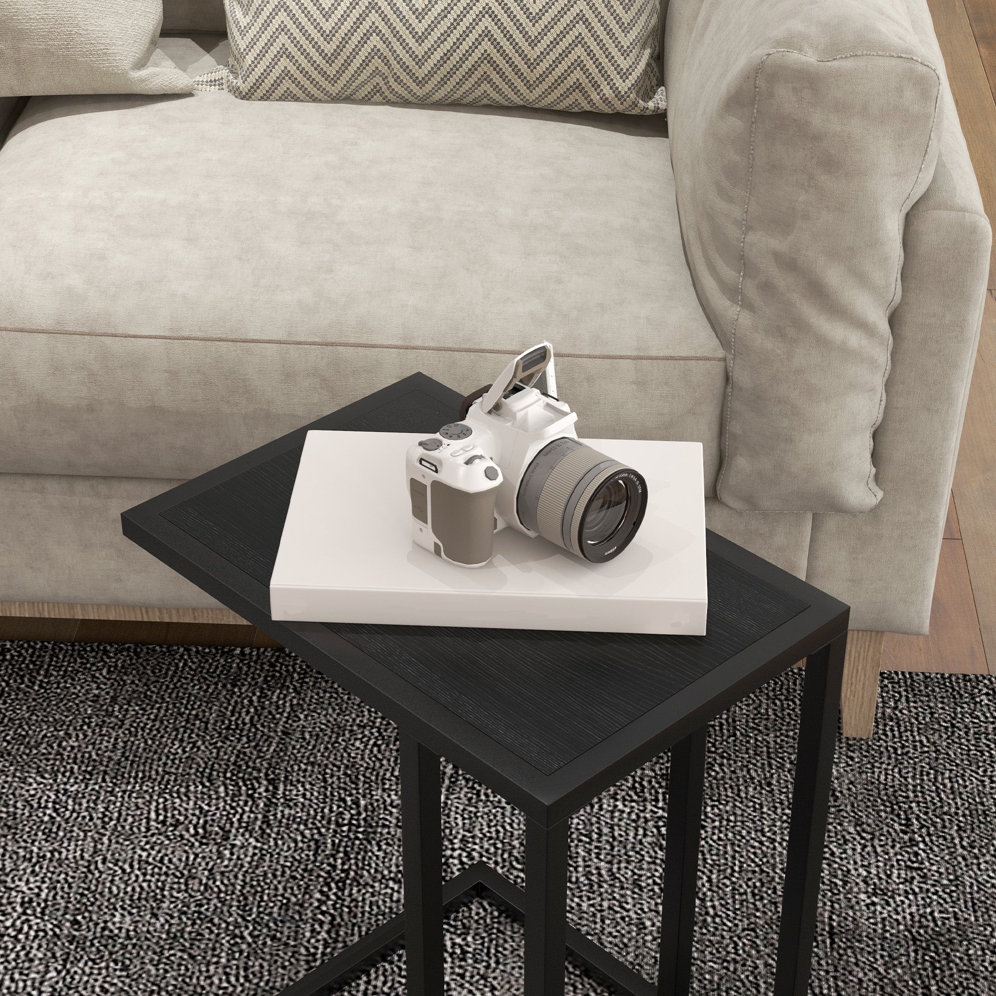 HOMCOM C Shape Side Table W/ Wood-Effect Top, White/Black - Image 16