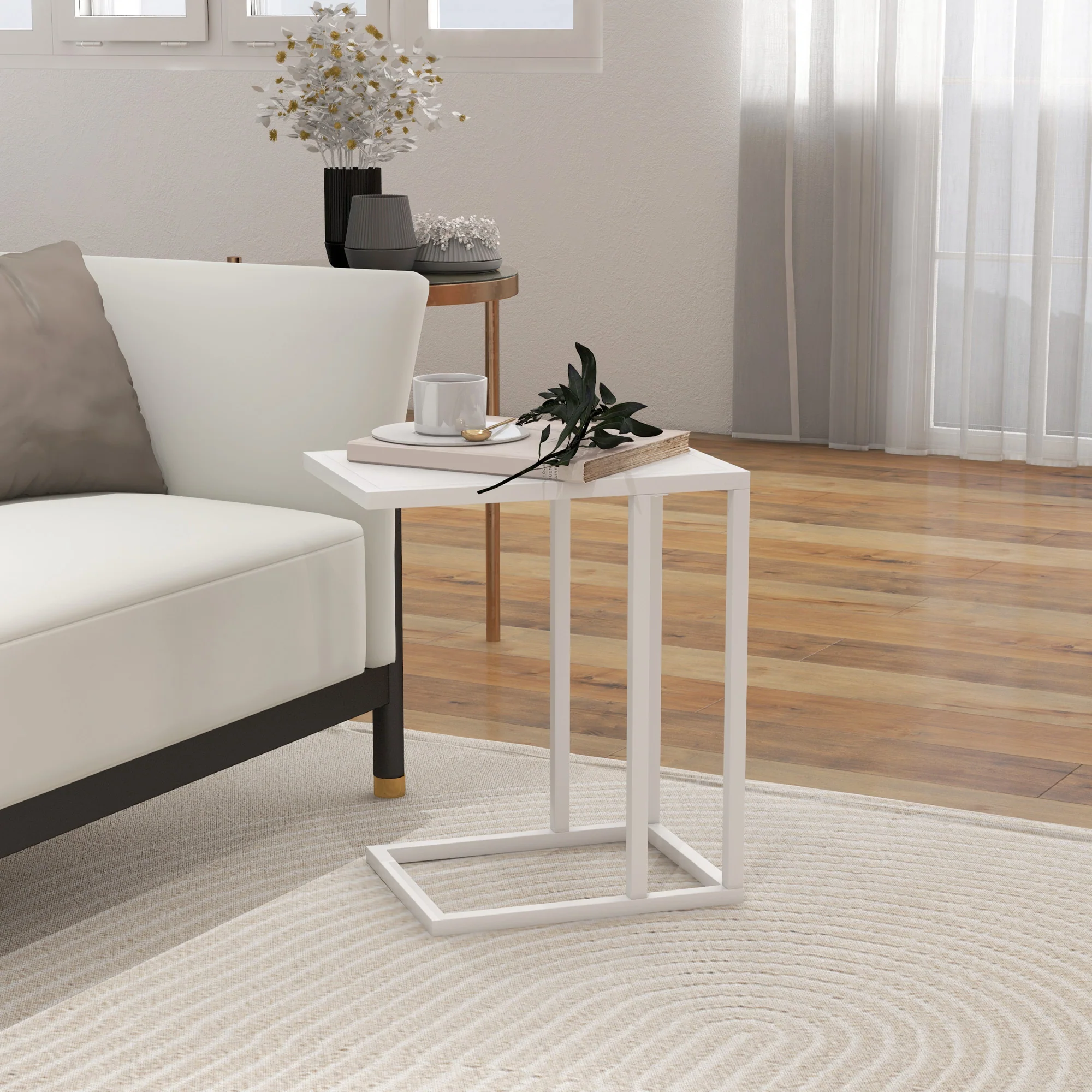 HOMCOM C Shape Side Table W/ Wood-Effect Top, White/Black - Image 2
