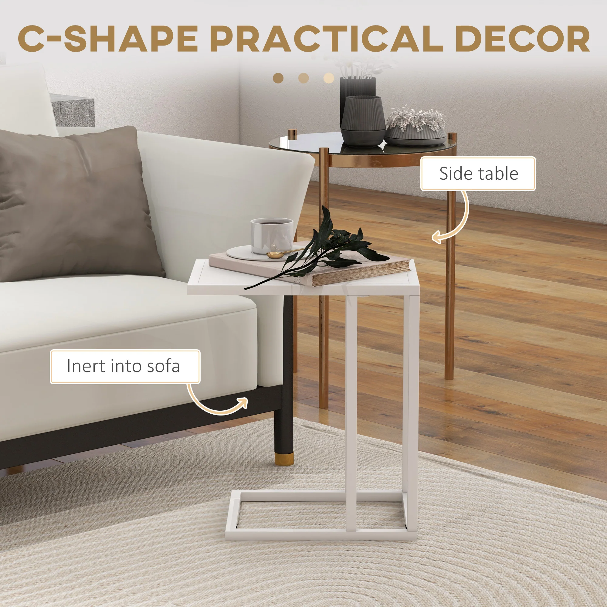 HOMCOM C Shape Side Table W/ Wood-Effect Top, White/Black - Image 3