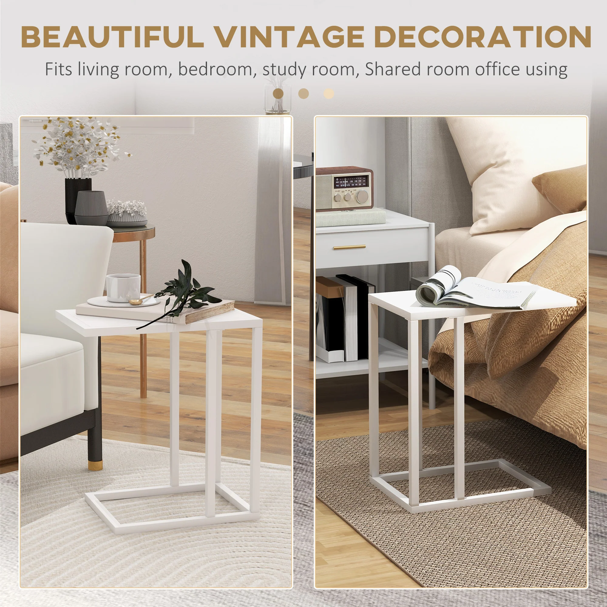 HOMCOM C Shape Side Table W/ Wood-Effect Top, White/Black - Image 4