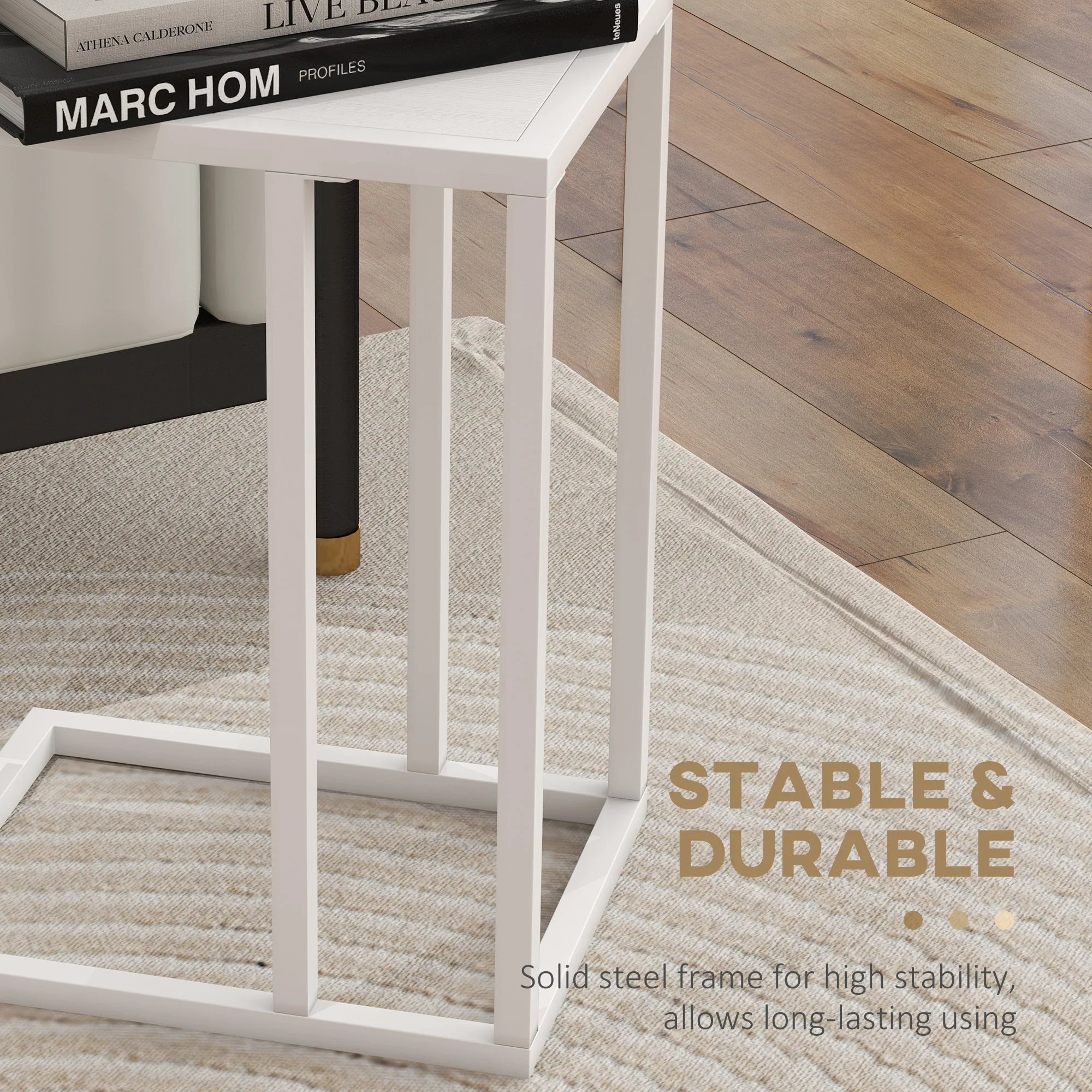 HOMCOM C Shape Side Table W/ Wood-Effect Top, White/Black - Image 6