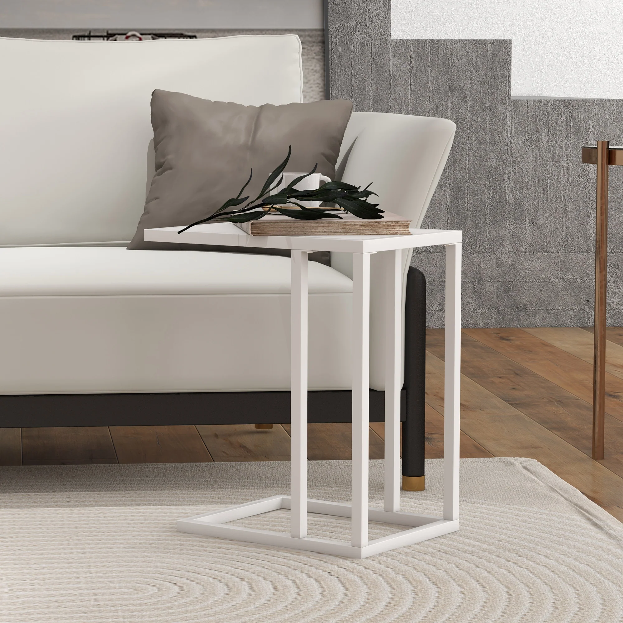 HOMCOM C Shape Side Table W/ Wood-Effect Top, White/Black - Image 7