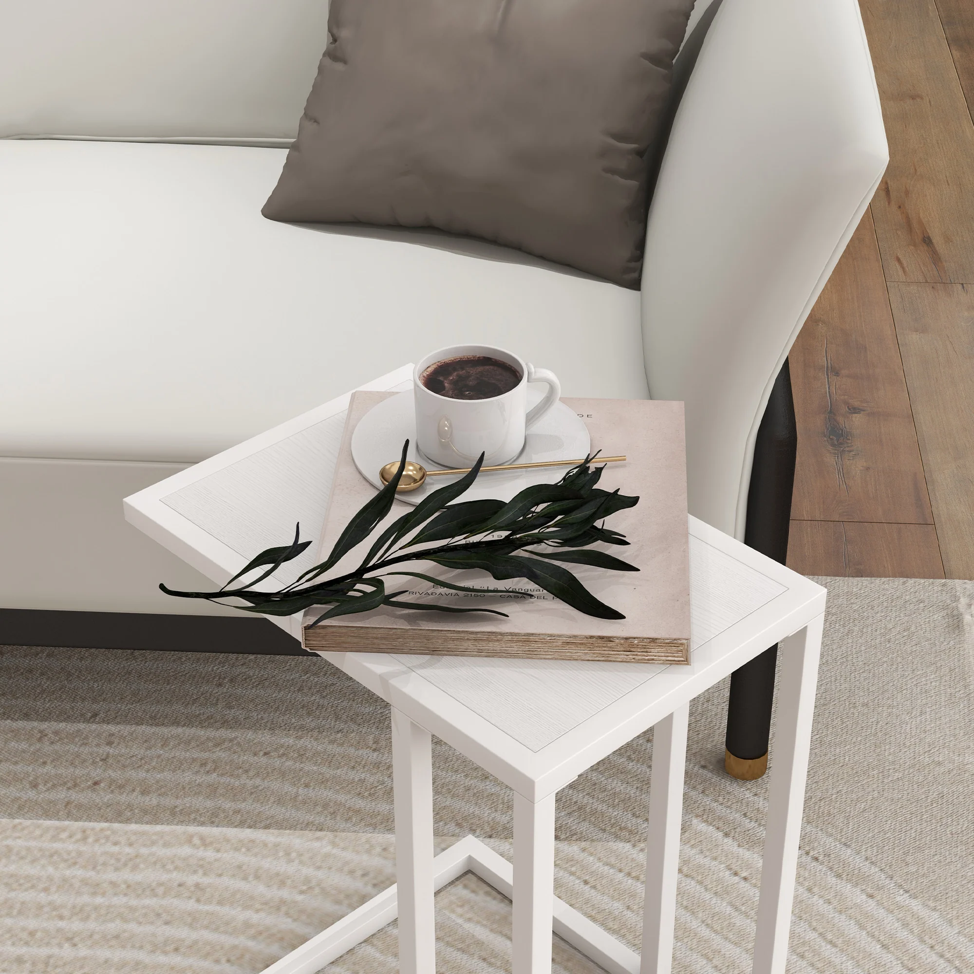 HOMCOM C Shape Side Table W/ Wood-Effect Top, White/Black - Image 8