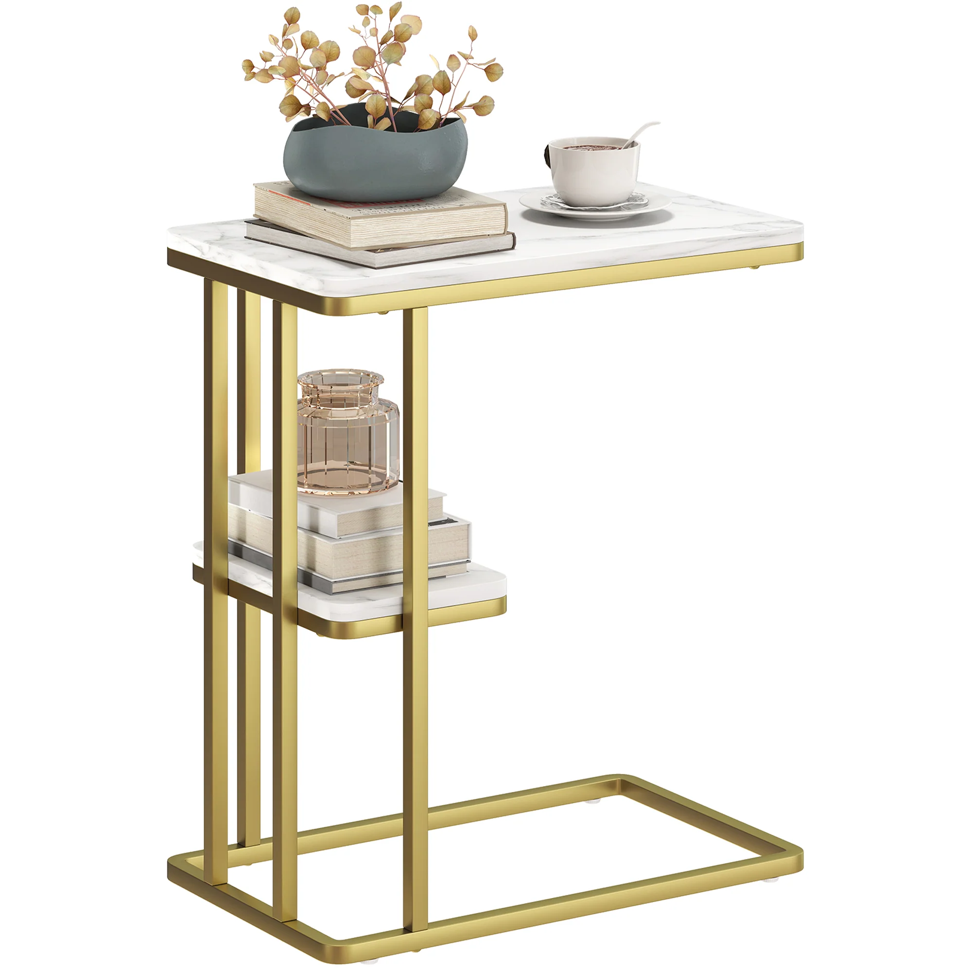 HOMCOM C-Shaped Narrow Side Table, End Table With Shelf, White Marble Grain