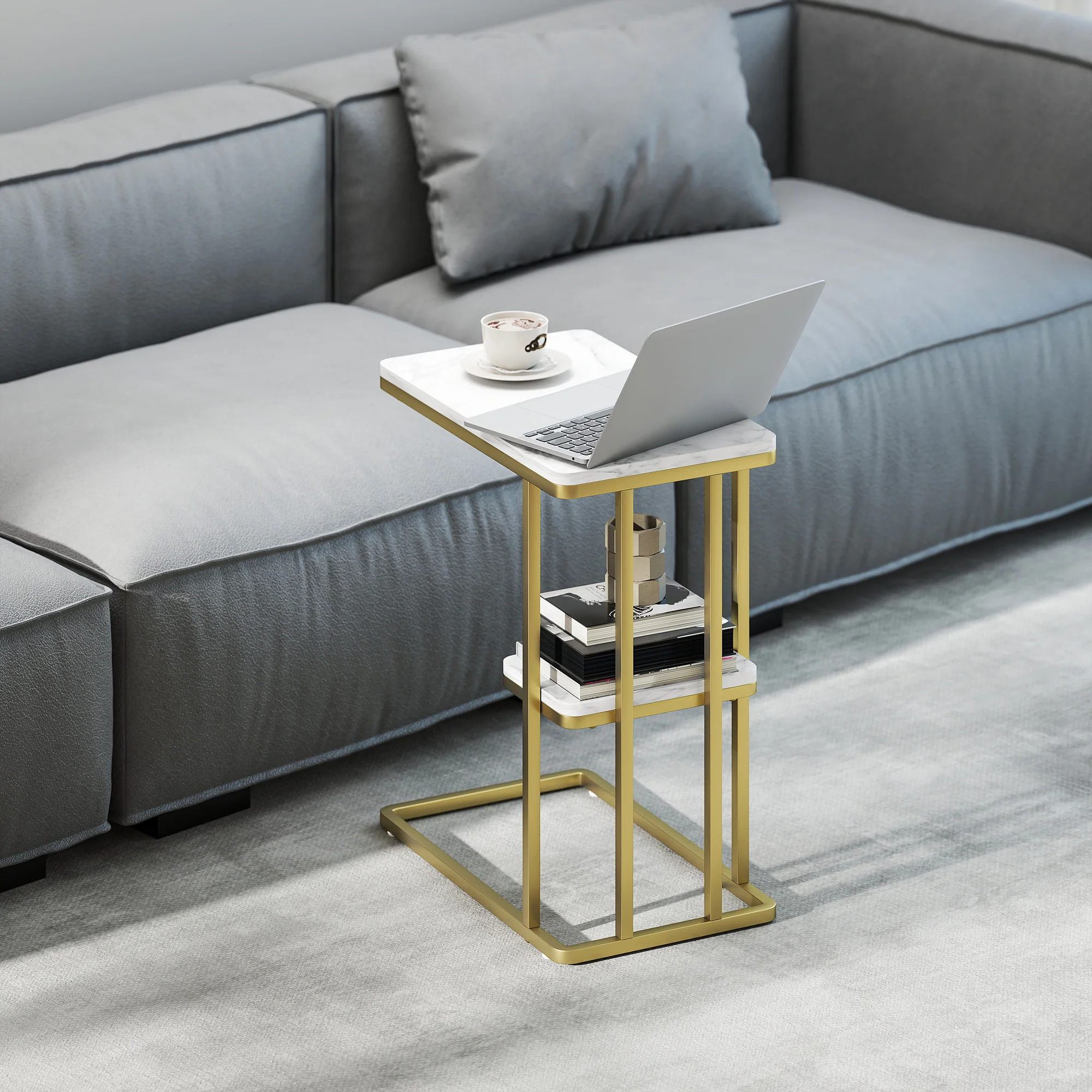 HOMCOM C-Shaped Narrow Side Table, End Table With Shelf, White Marble Grain - Image 2