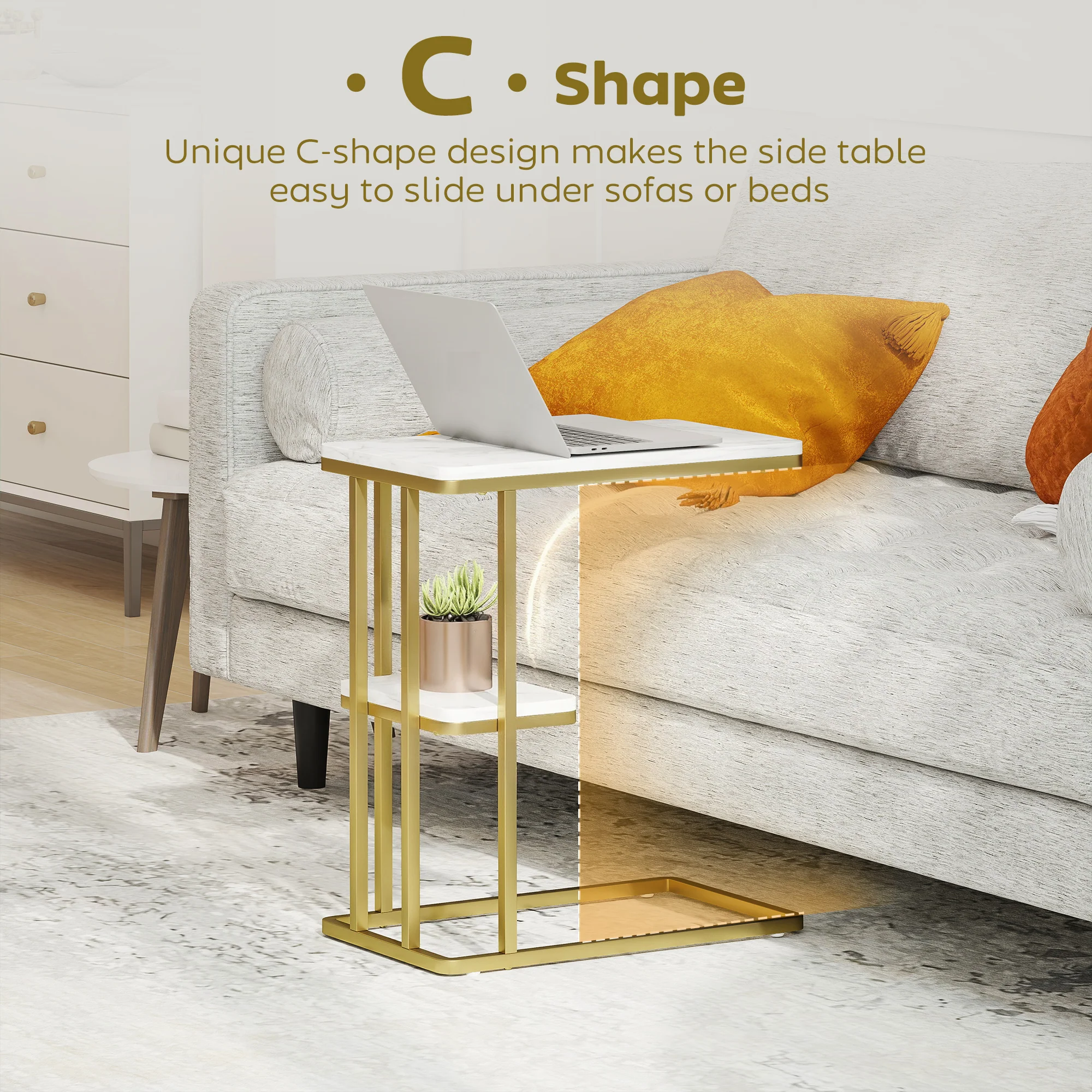 HOMCOM C-Shaped Narrow Side Table, End Table With Shelf, White Marble Grain - Image 3