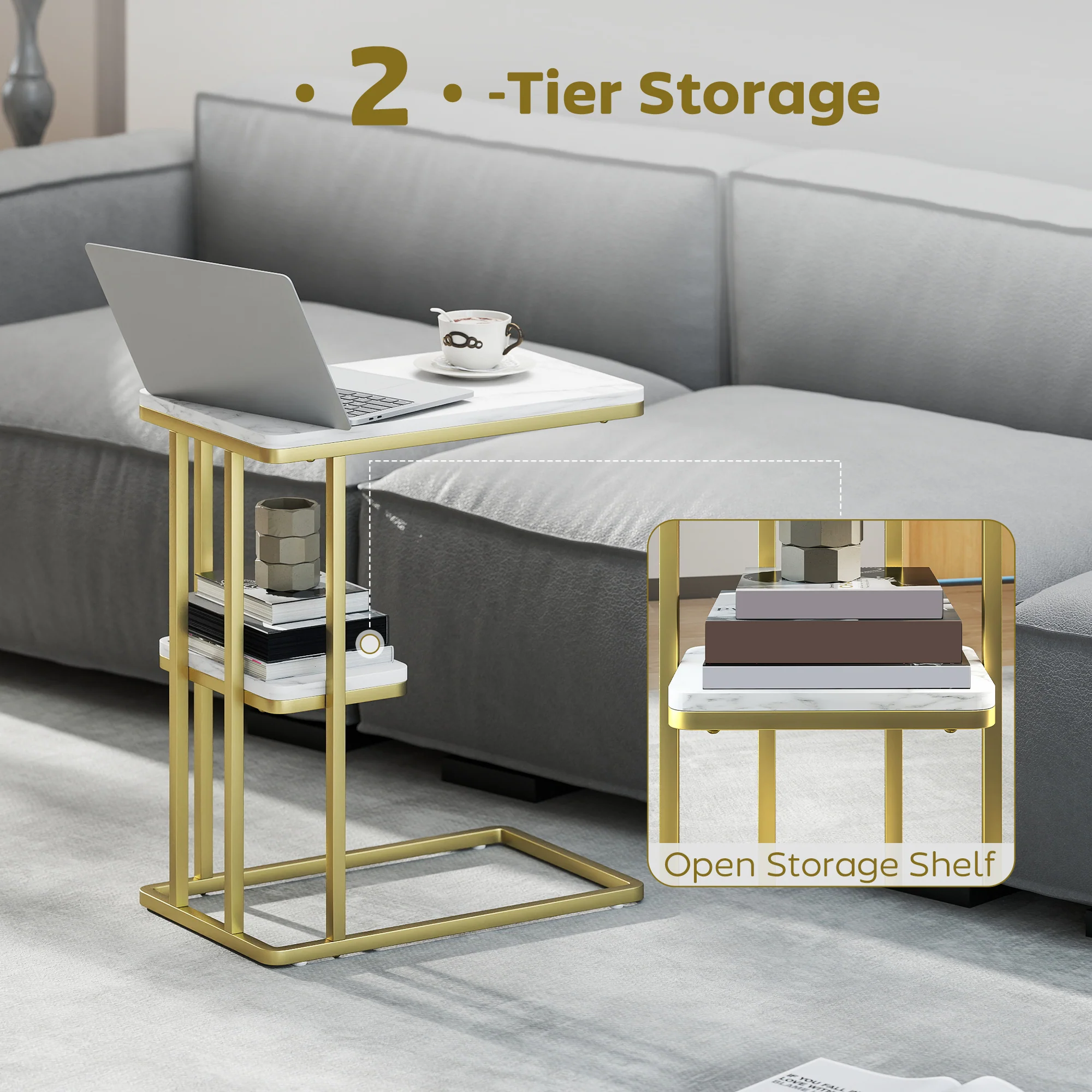 HOMCOM C-Shaped Narrow Side Table, End Table With Shelf, White Marble Grain - Image 4