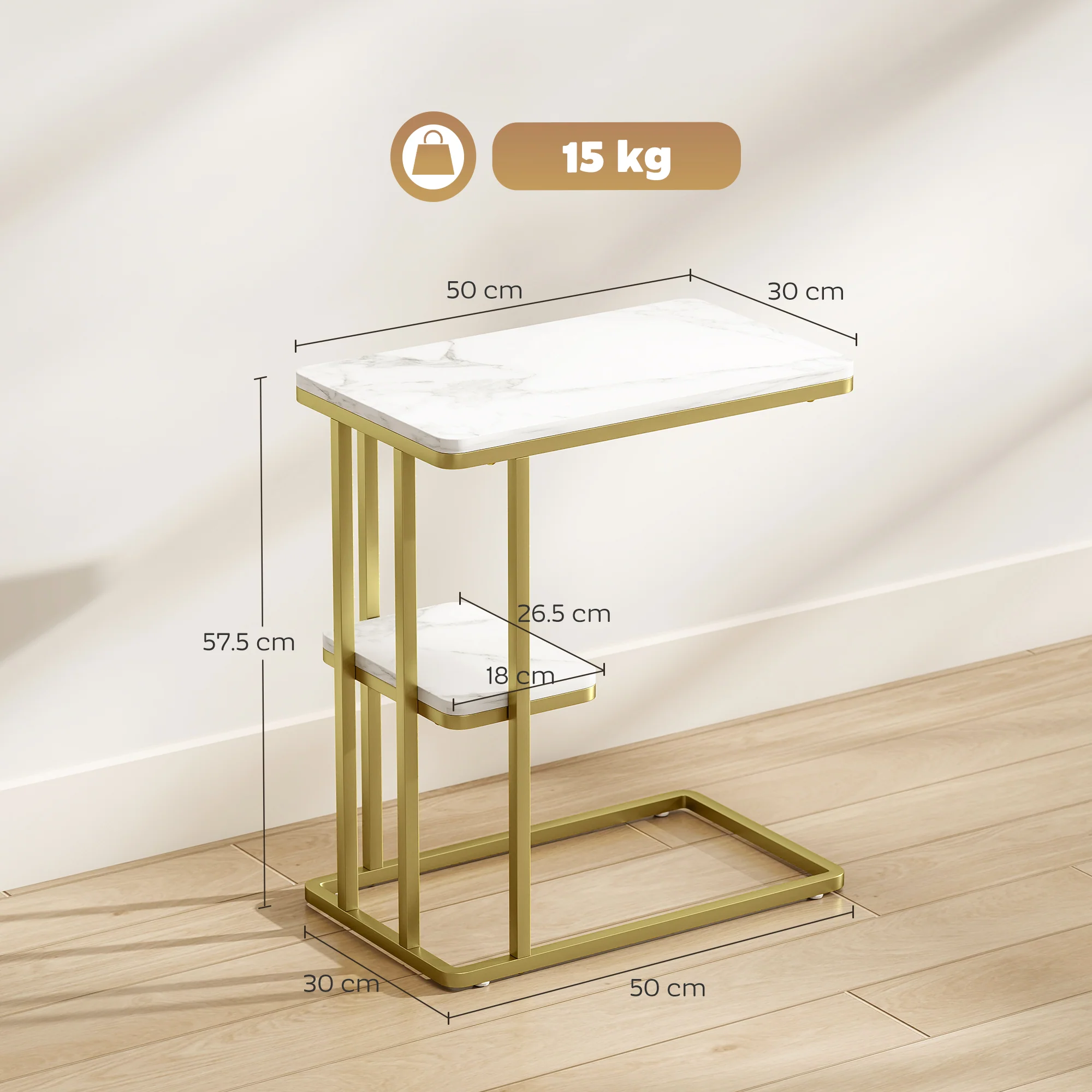HOMCOM C-Shaped Narrow Side Table, End Table With Shelf, White Marble Grain - Image 5