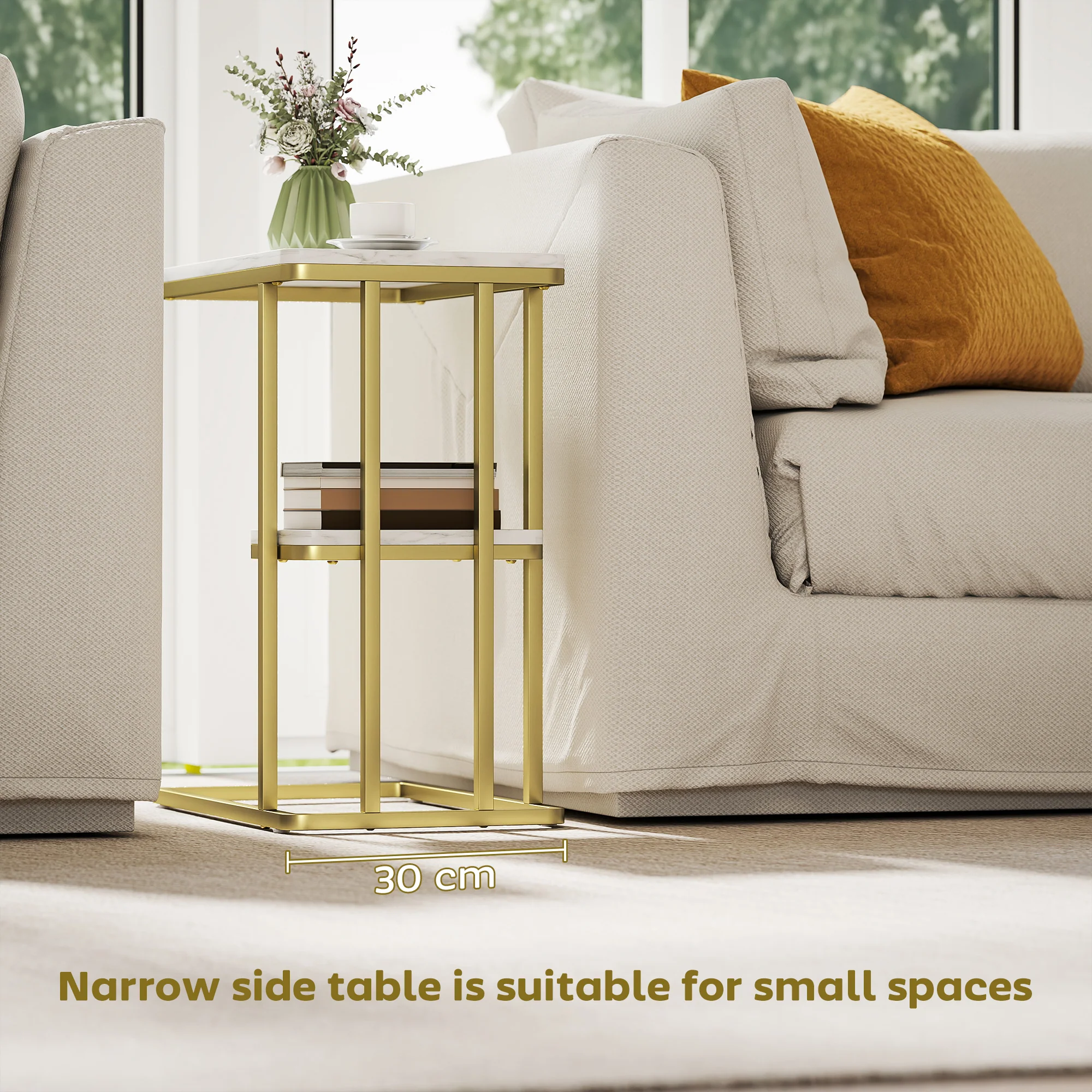 HOMCOM C-Shaped Narrow Side Table, End Table With Shelf, White Marble Grain - Image 6
