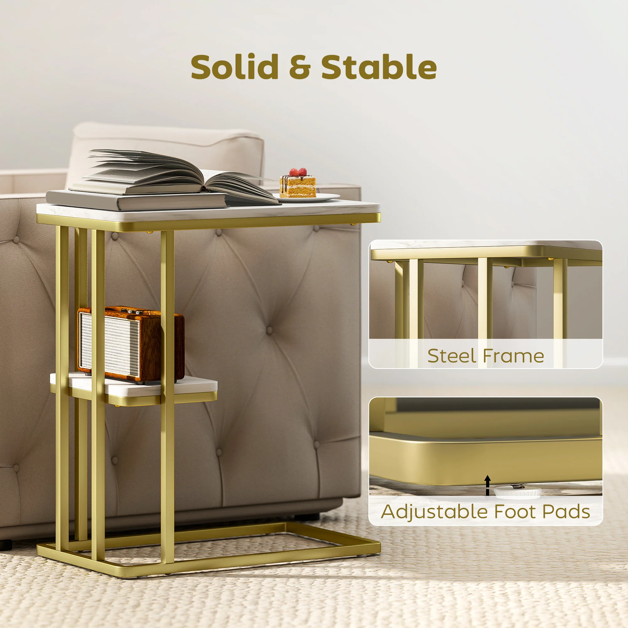 HOMCOM C-Shaped Narrow Side Table, End Table With Shelf, White Marble Grain - Image 7