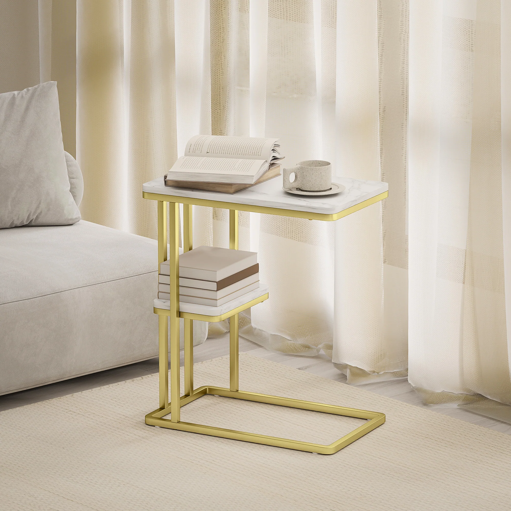 HOMCOM C-Shaped Narrow Side Table, End Table With Shelf, White Marble Grain - Image 8