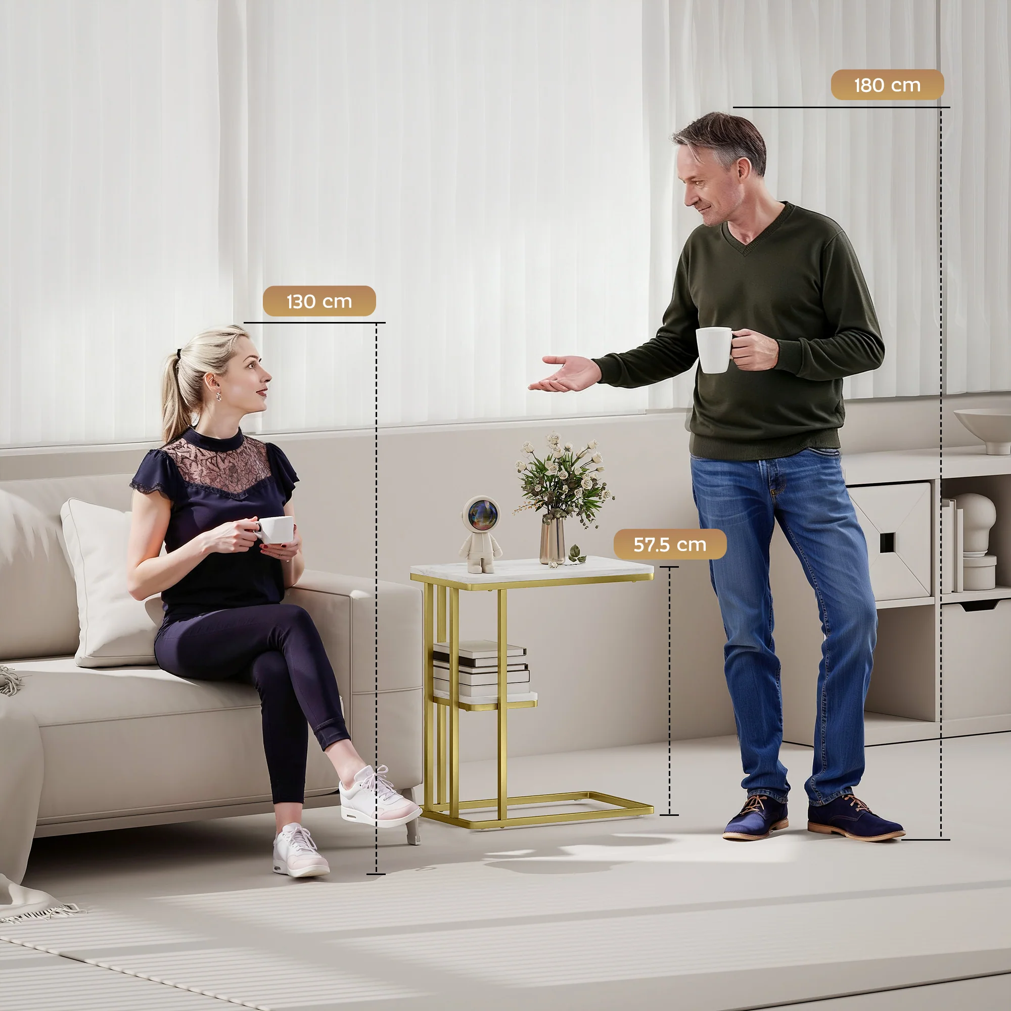 HOMCOM C-Shaped Narrow Side Table, End Table With Shelf, White Marble Grain - Image 9