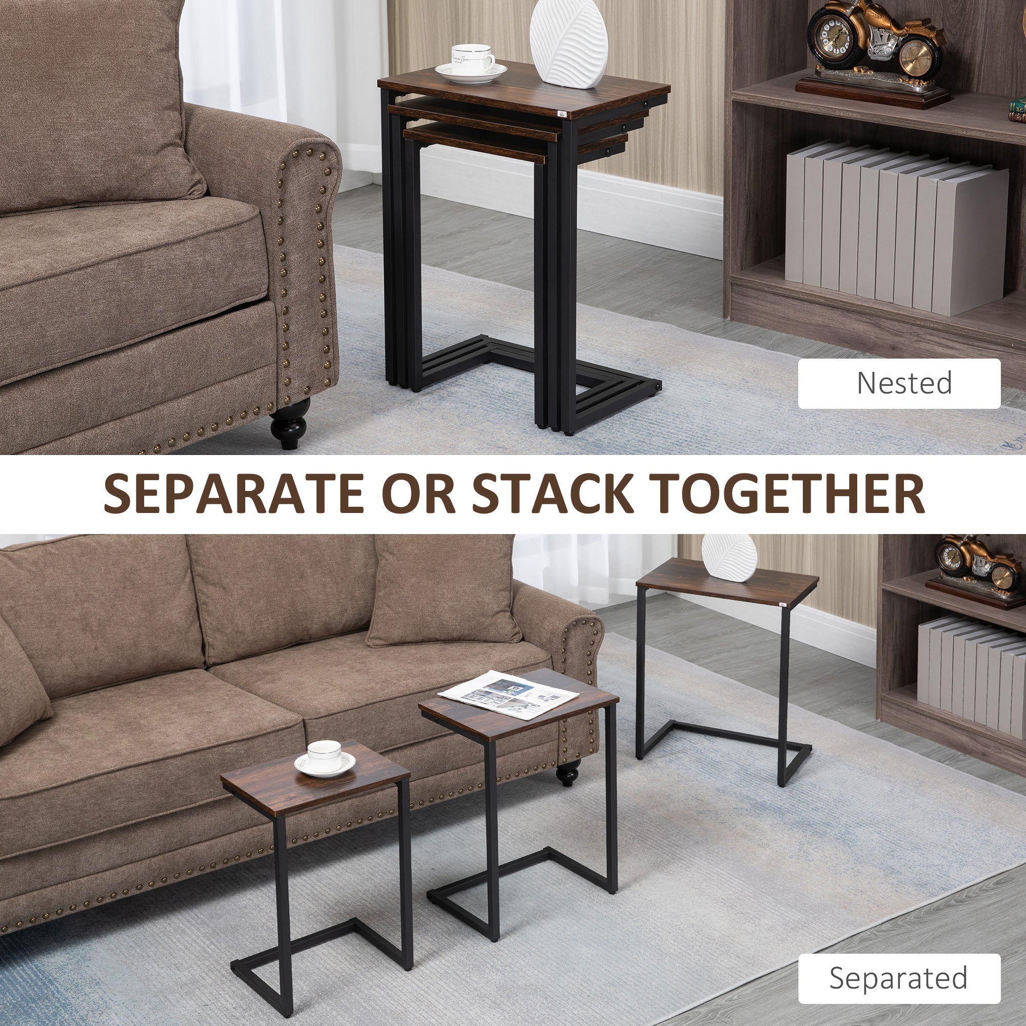 HOMCOM C-Shaped Nesting Tables Set Of 3 With Steel Frame, Rustic Brown - Image 3