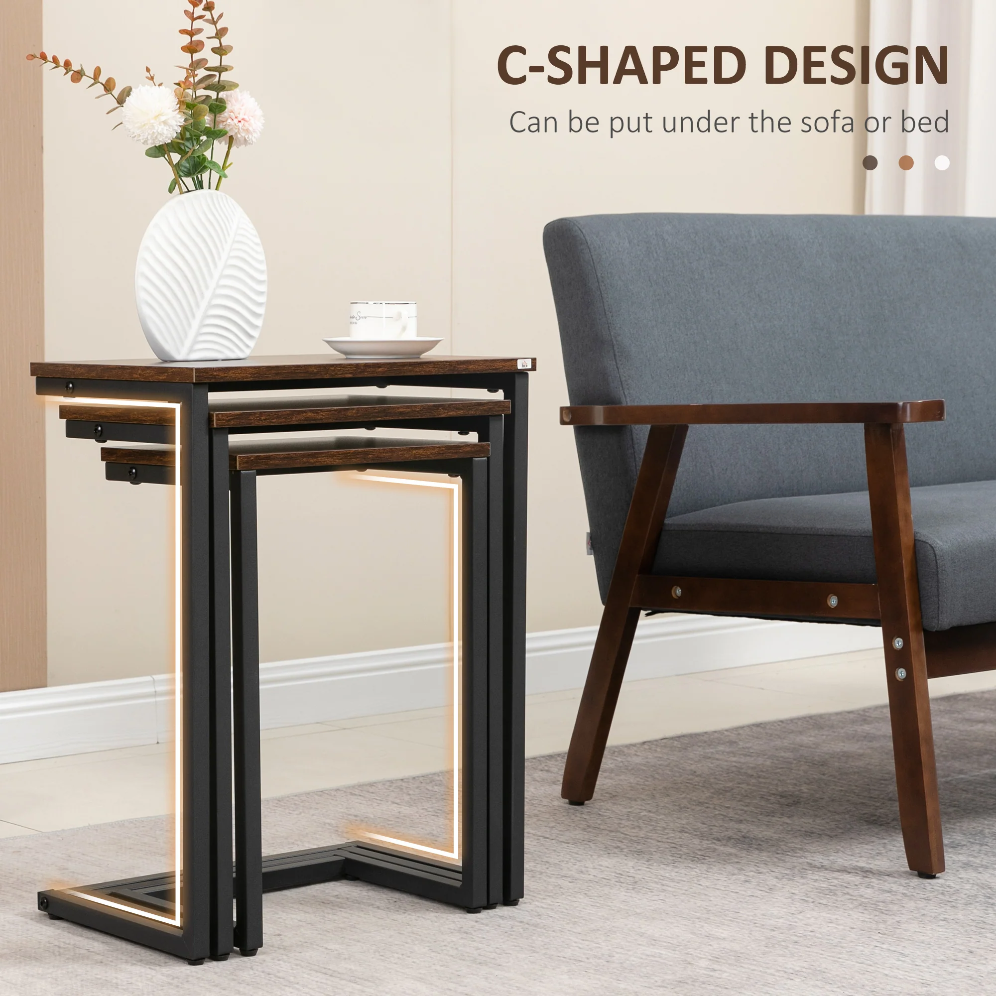HOMCOM C-Shaped Nesting Tables Set Of 3 With Steel Frame, Rustic Brown - Image 4