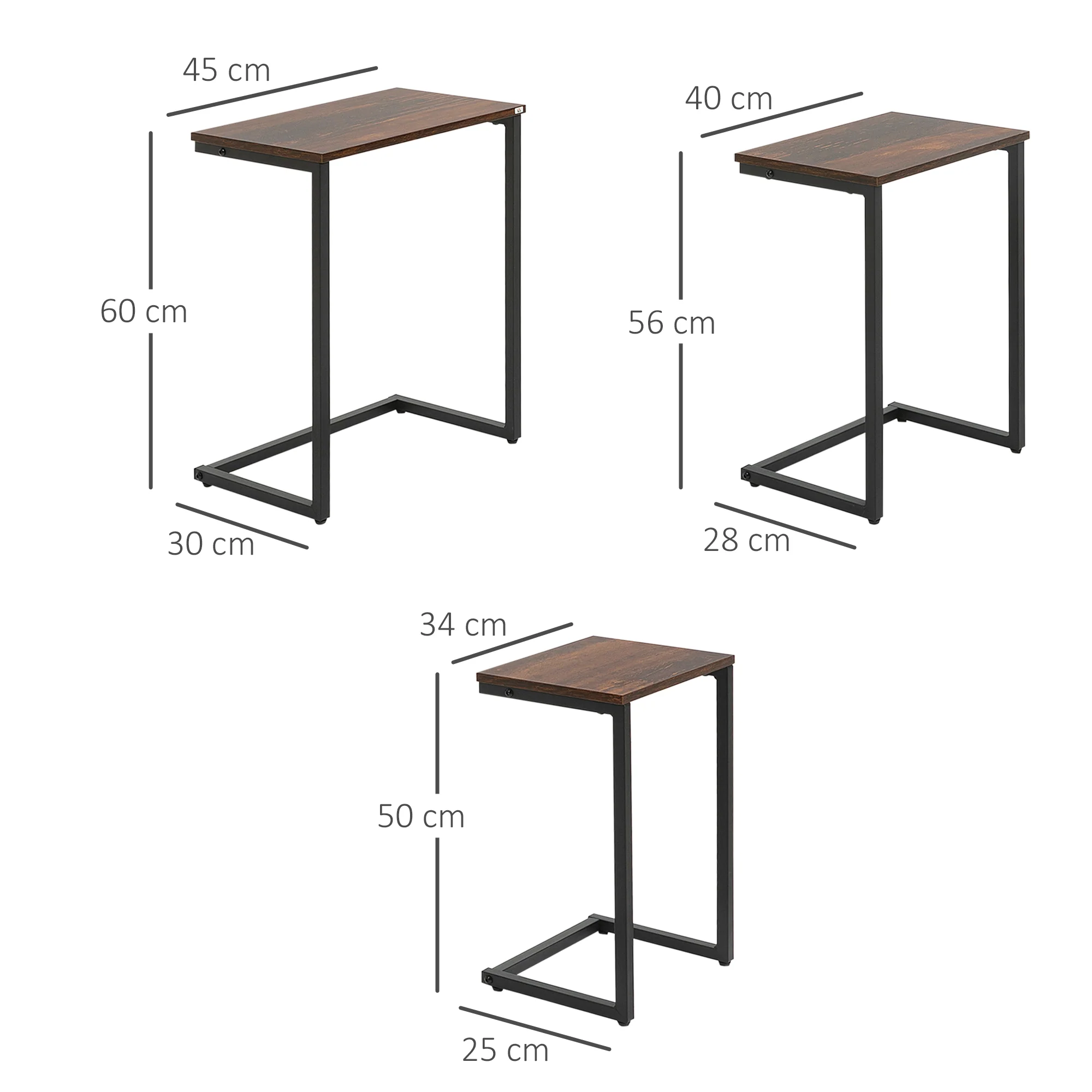 HOMCOM C-Shaped Nesting Tables Set Of 3 With Steel Frame, Rustic Brown - Image 5