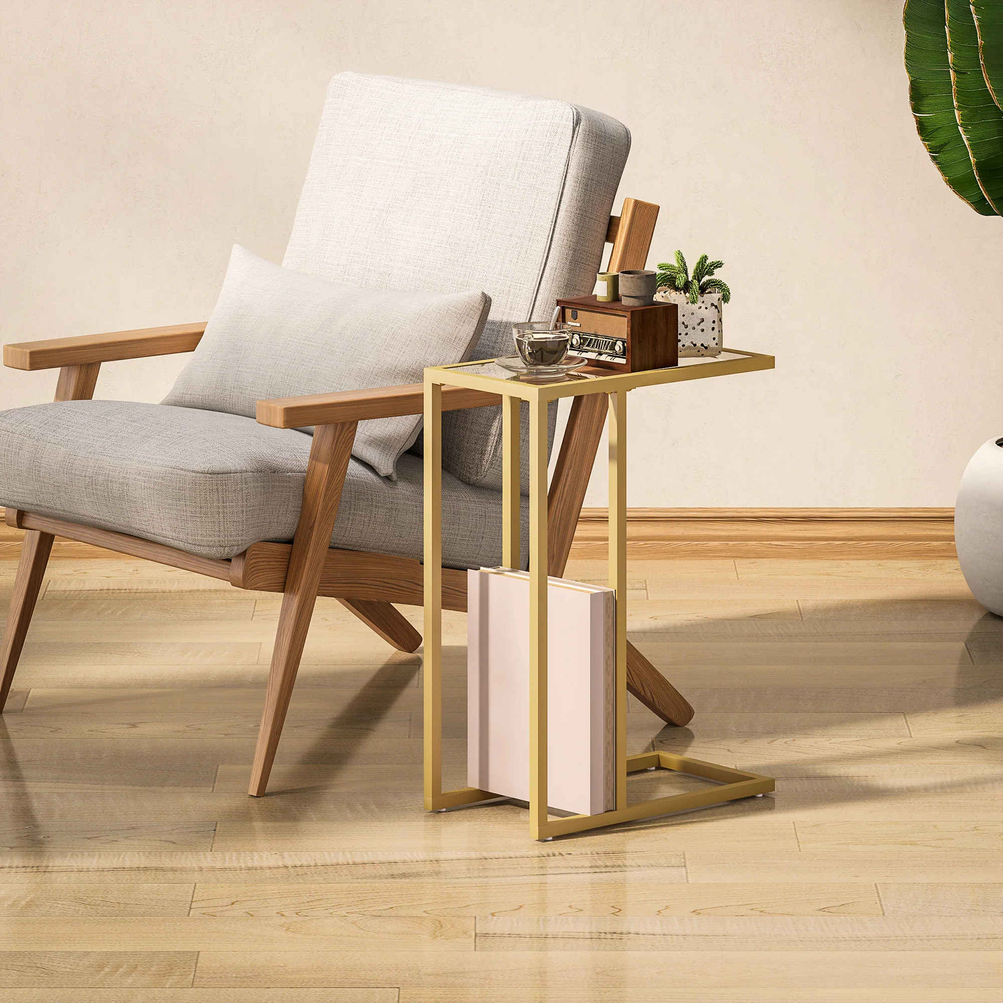 HOMCOM C-Shaped Side Table, End Table with Tempered Glass Tabletop, Gold - Image 9