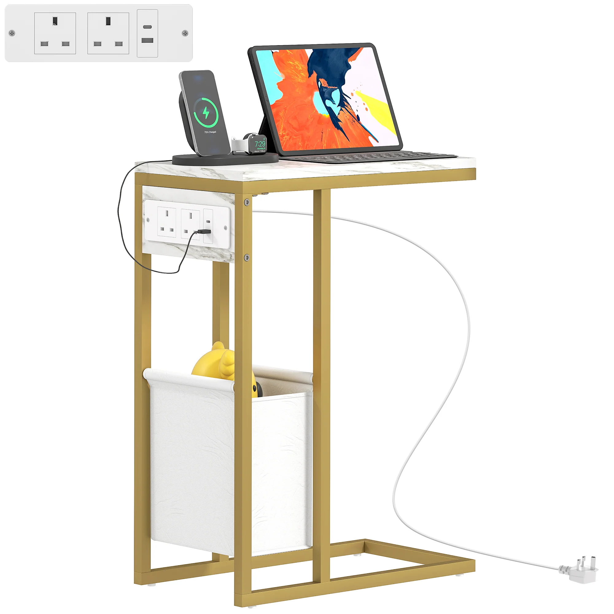 HOMCOM C Shaped Side Table, Faux Marble Bedside Table with Charging Station