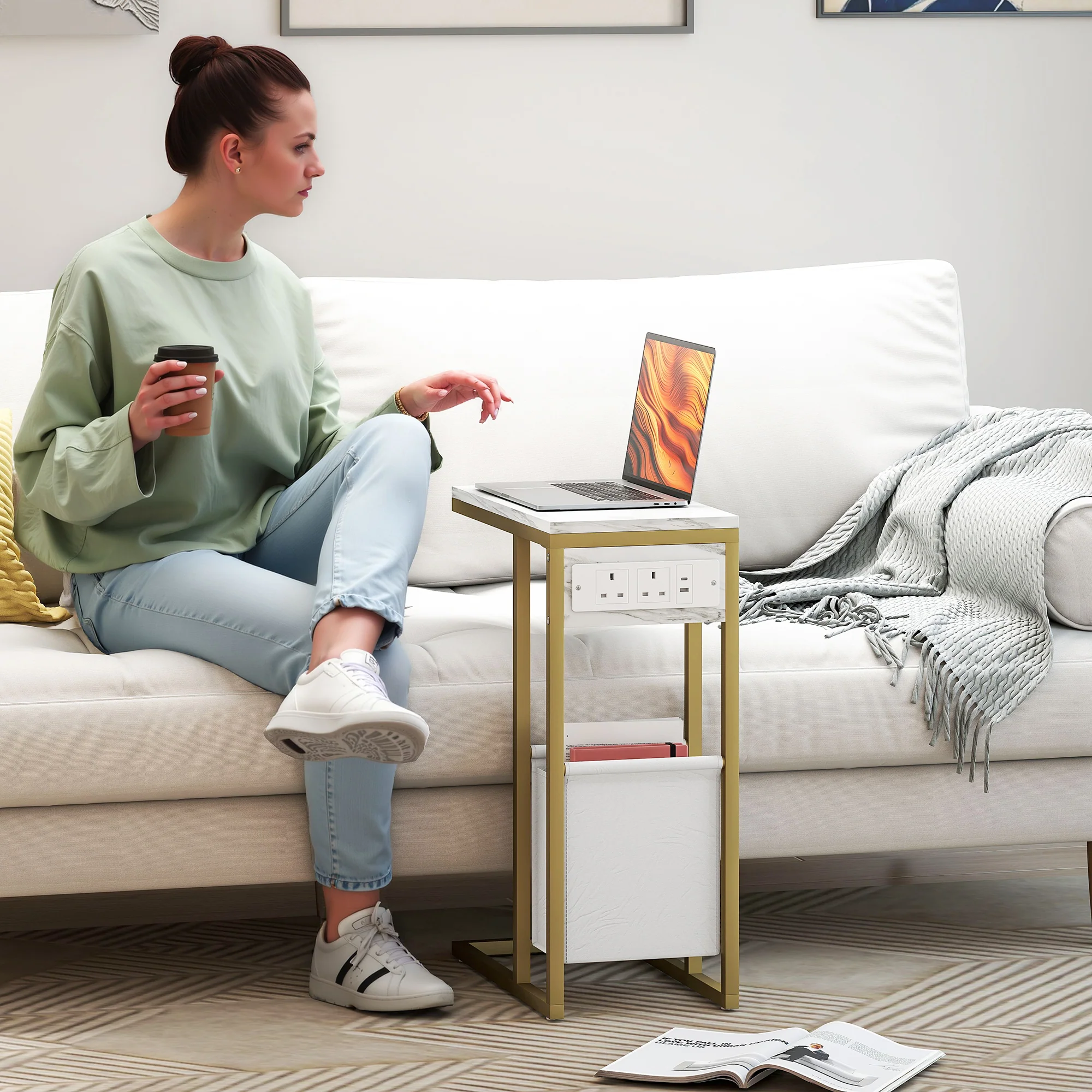 HOMCOM C Shaped Side Table, Faux Marble Bedside Table with Charging Station - Image 2