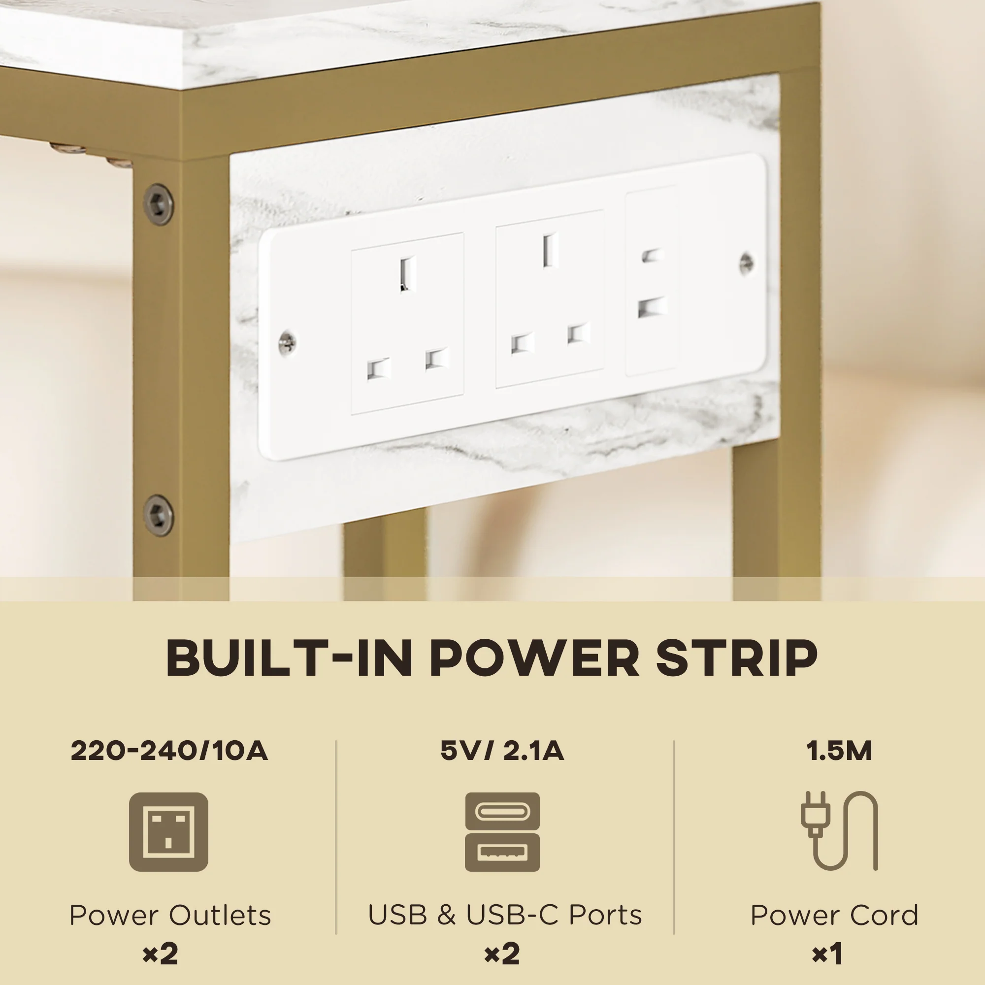HOMCOM C Shaped Side Table, Faux Marble Bedside Table with Charging Station - Image 3