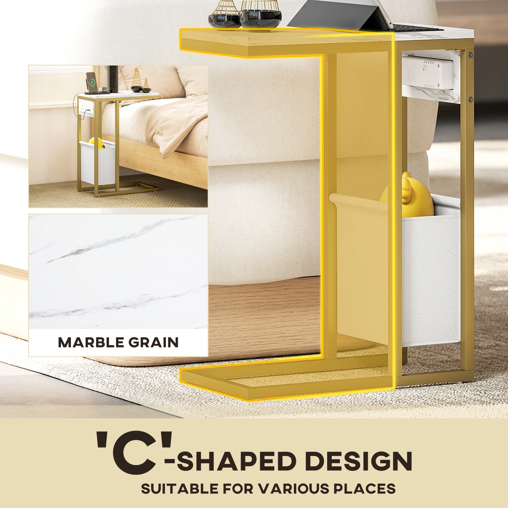 HOMCOM C Shaped Side Table, Faux Marble Bedside Table with Charging Station - Image 4