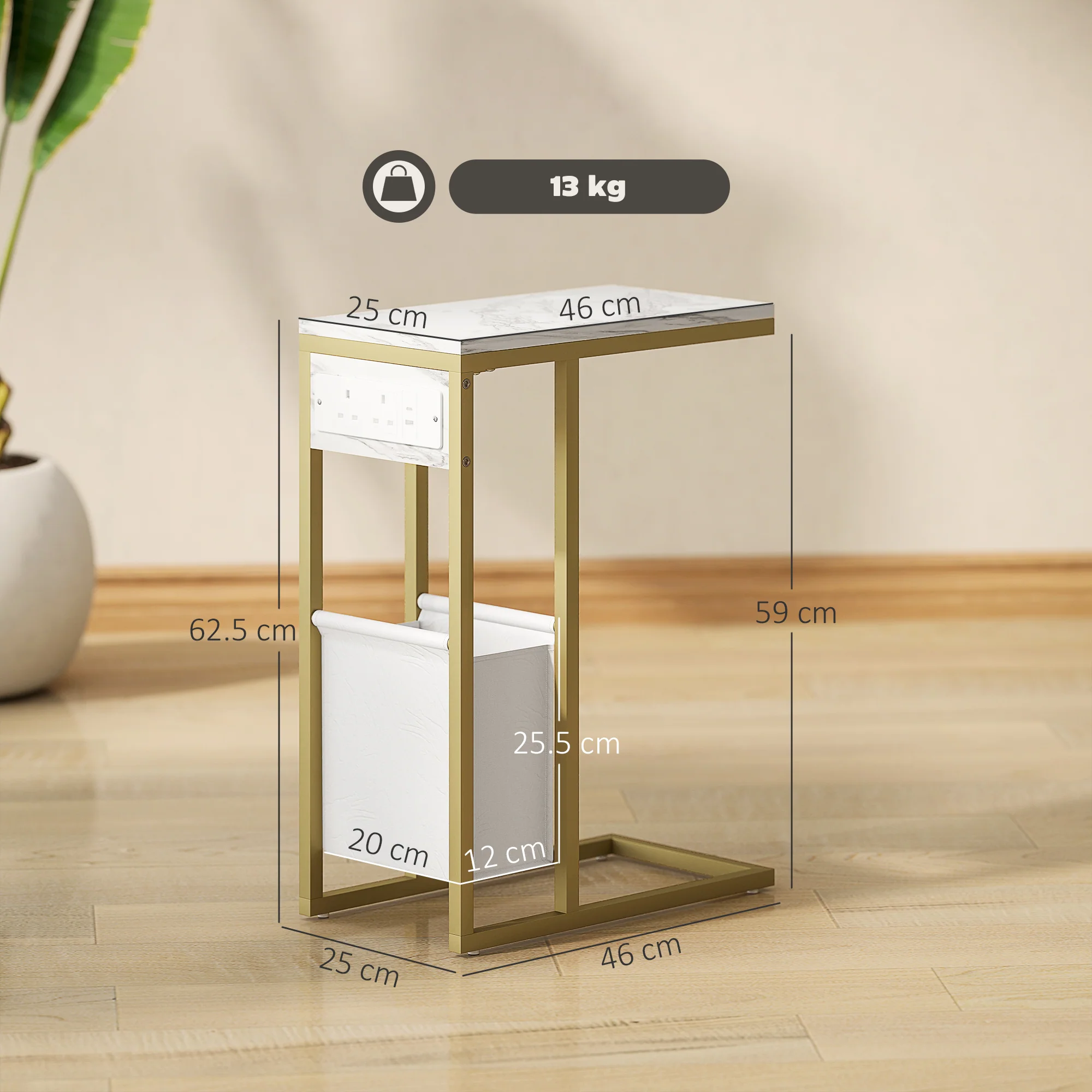 HOMCOM C Shaped Side Table, Faux Marble Bedside Table with Charging Station - Image 5