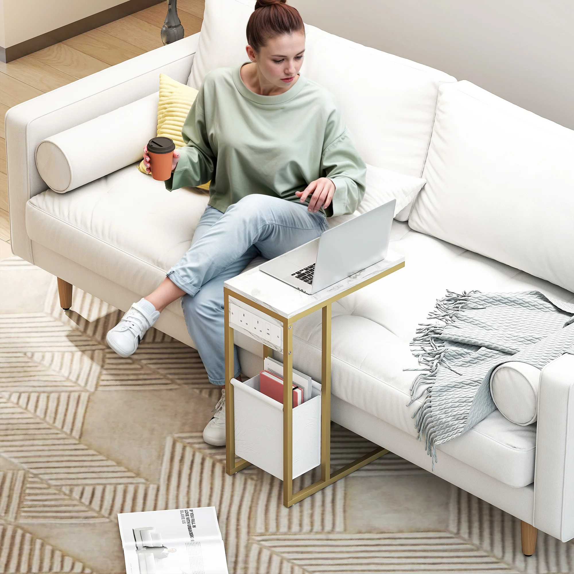 HOMCOM C Shaped Side Table, Faux Marble Bedside Table with Charging Station - Image 7