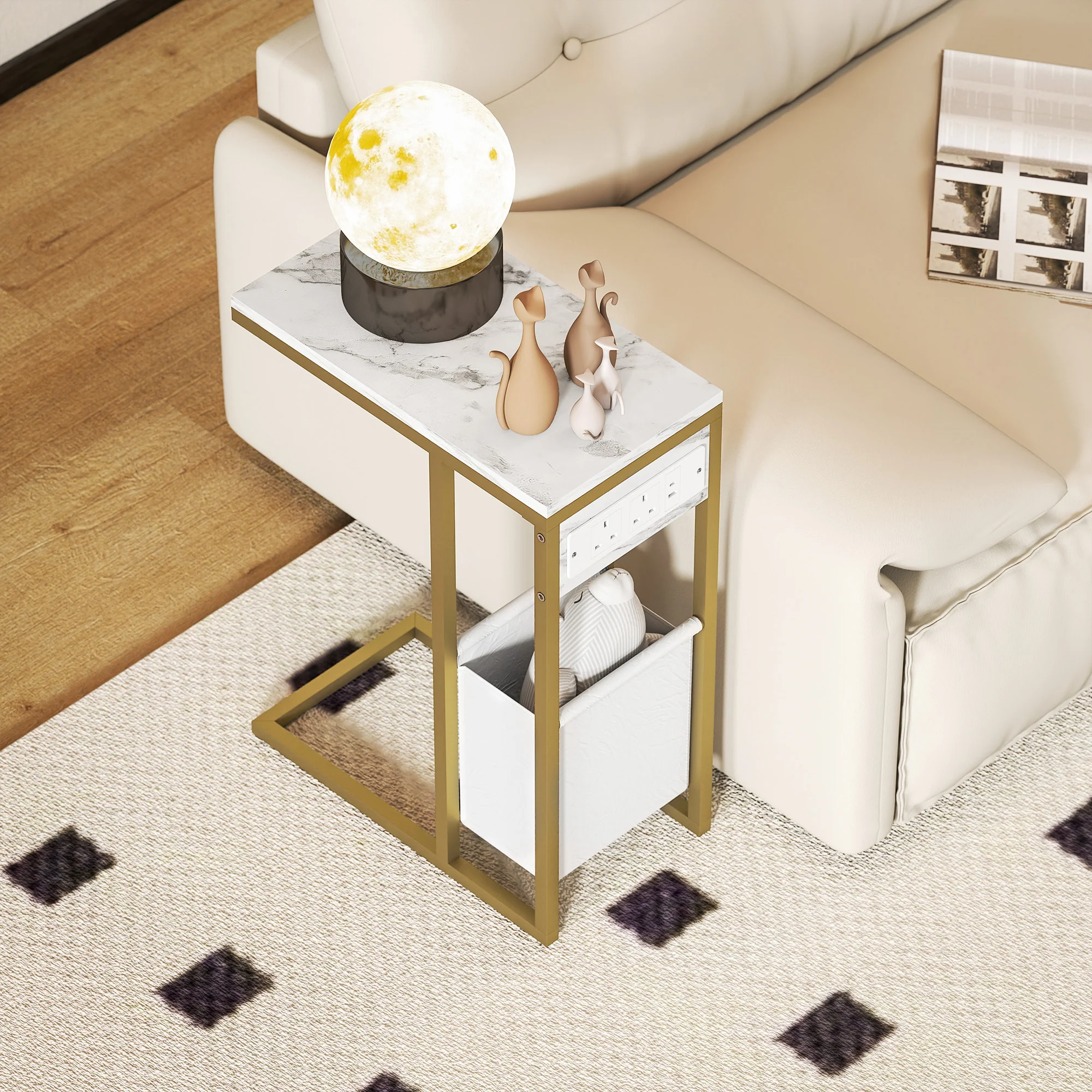 HOMCOM C Shaped Side Table, Faux Marble Bedside Table with Charging Station - Image 8