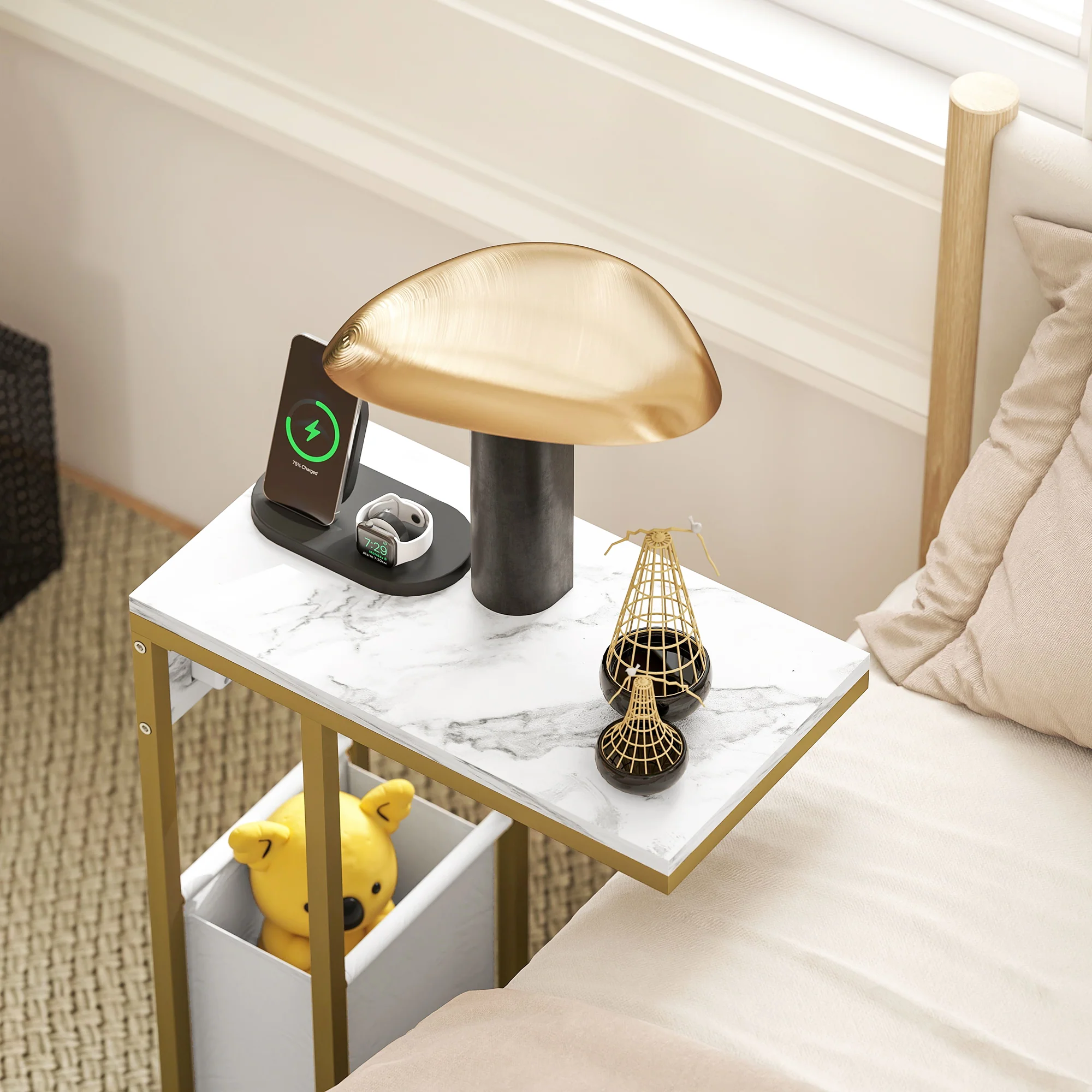 HOMCOM C Shaped Side Table, Faux Marble Bedside Table with Charging Station - Image 9