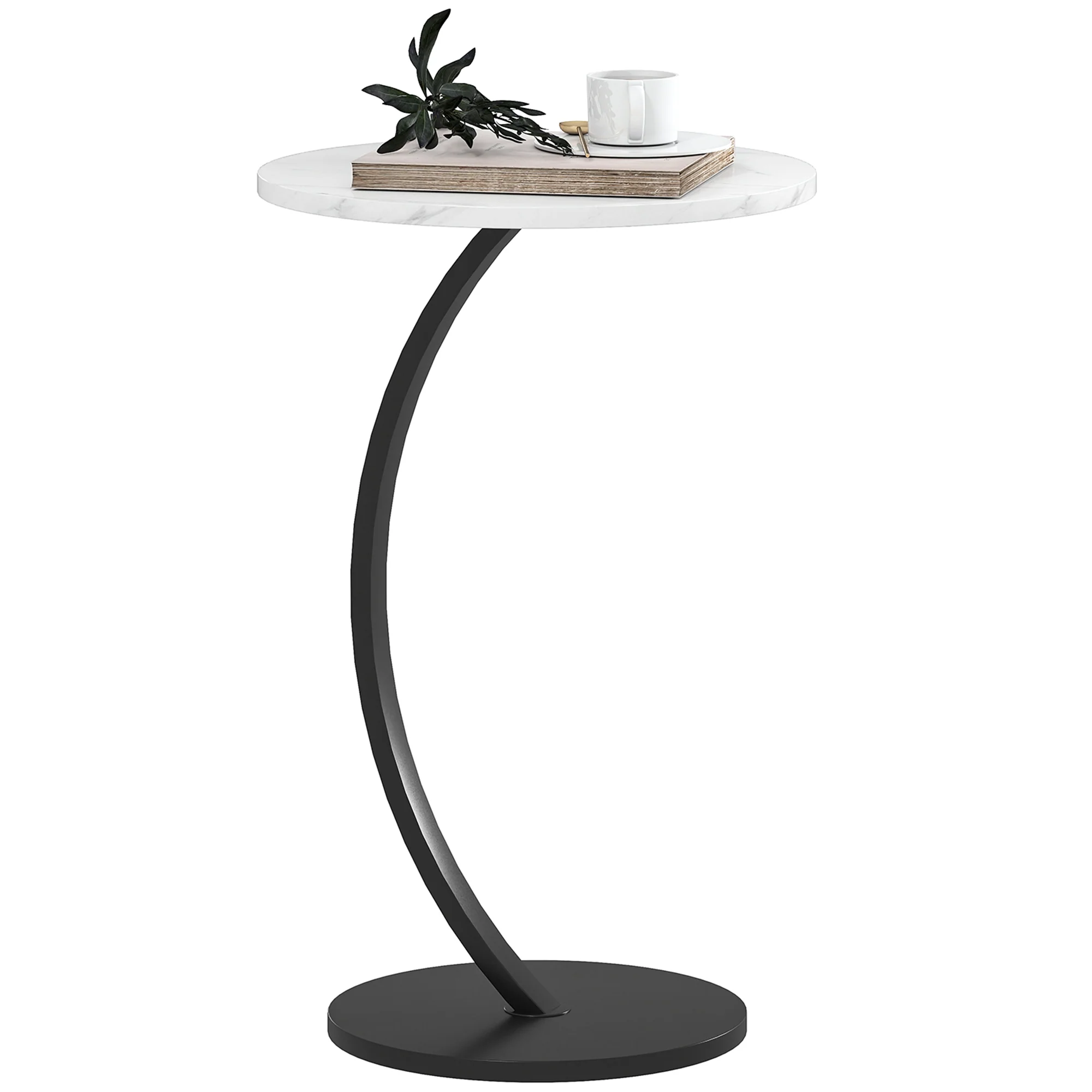 HOMCOM C Shaped Side Table, Round Bedside Table W/ Marble Effect Top, White
