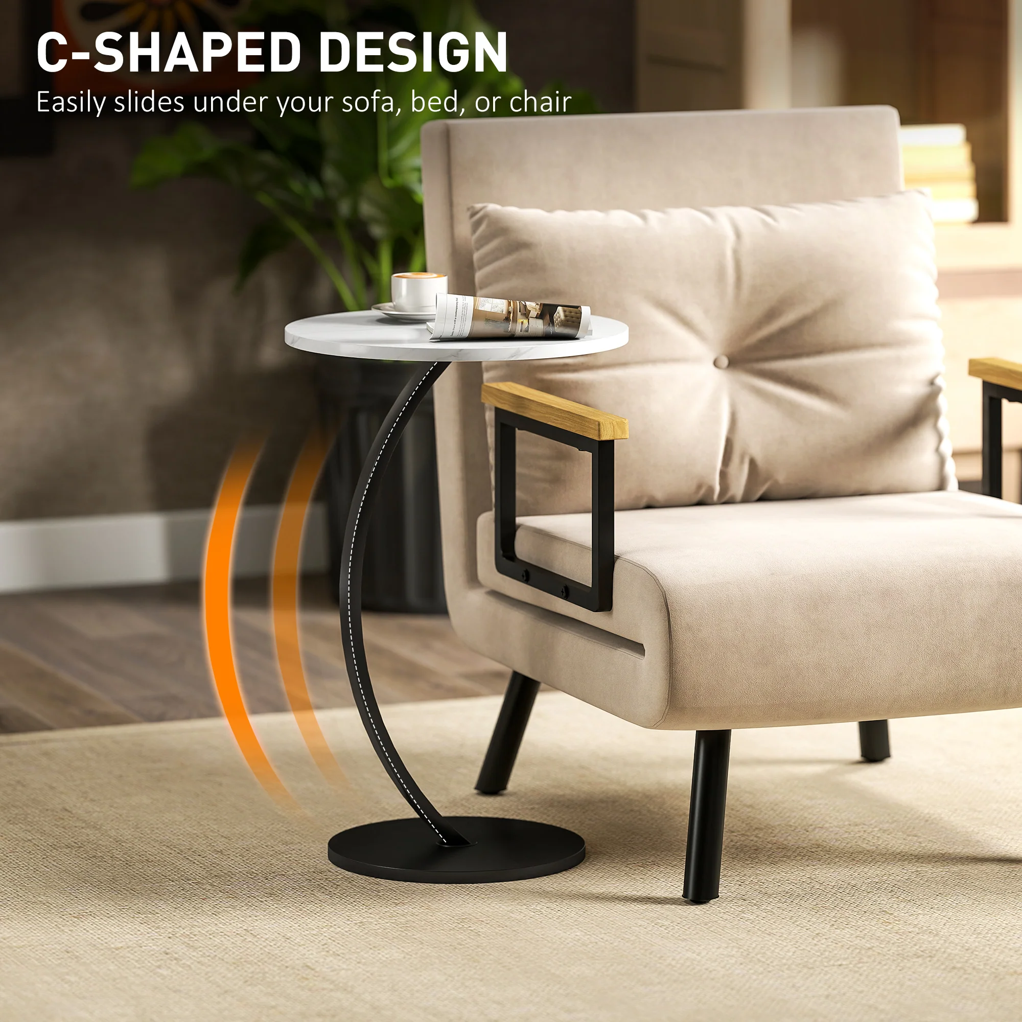 HOMCOM C Shaped Side Table, Round Bedside Table W/ Marble Effect Top, White - Image 3