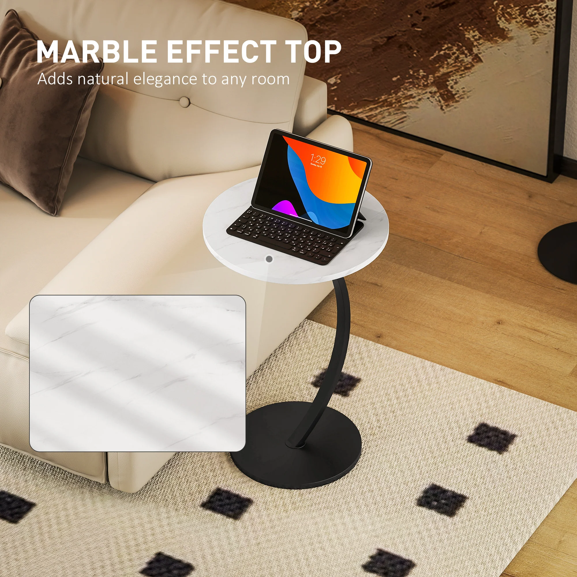 HOMCOM C Shaped Side Table, Round Bedside Table W/ Marble Effect Top, White - Image 4