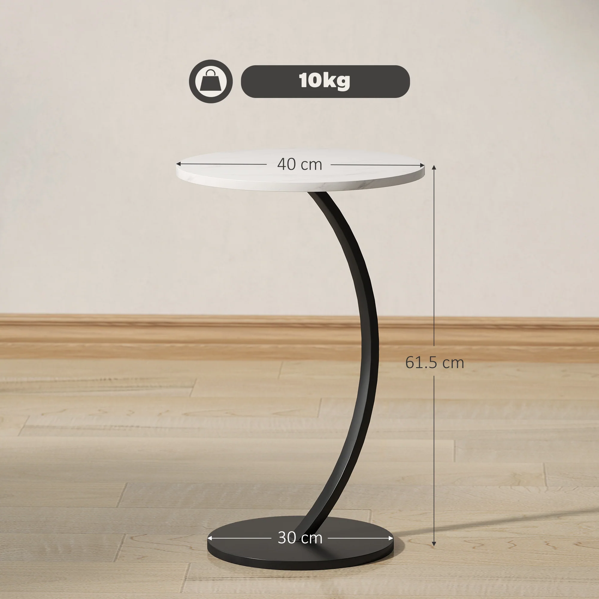 HOMCOM C Shaped Side Table, Round Bedside Table W/ Marble Effect Top, White - Image 5