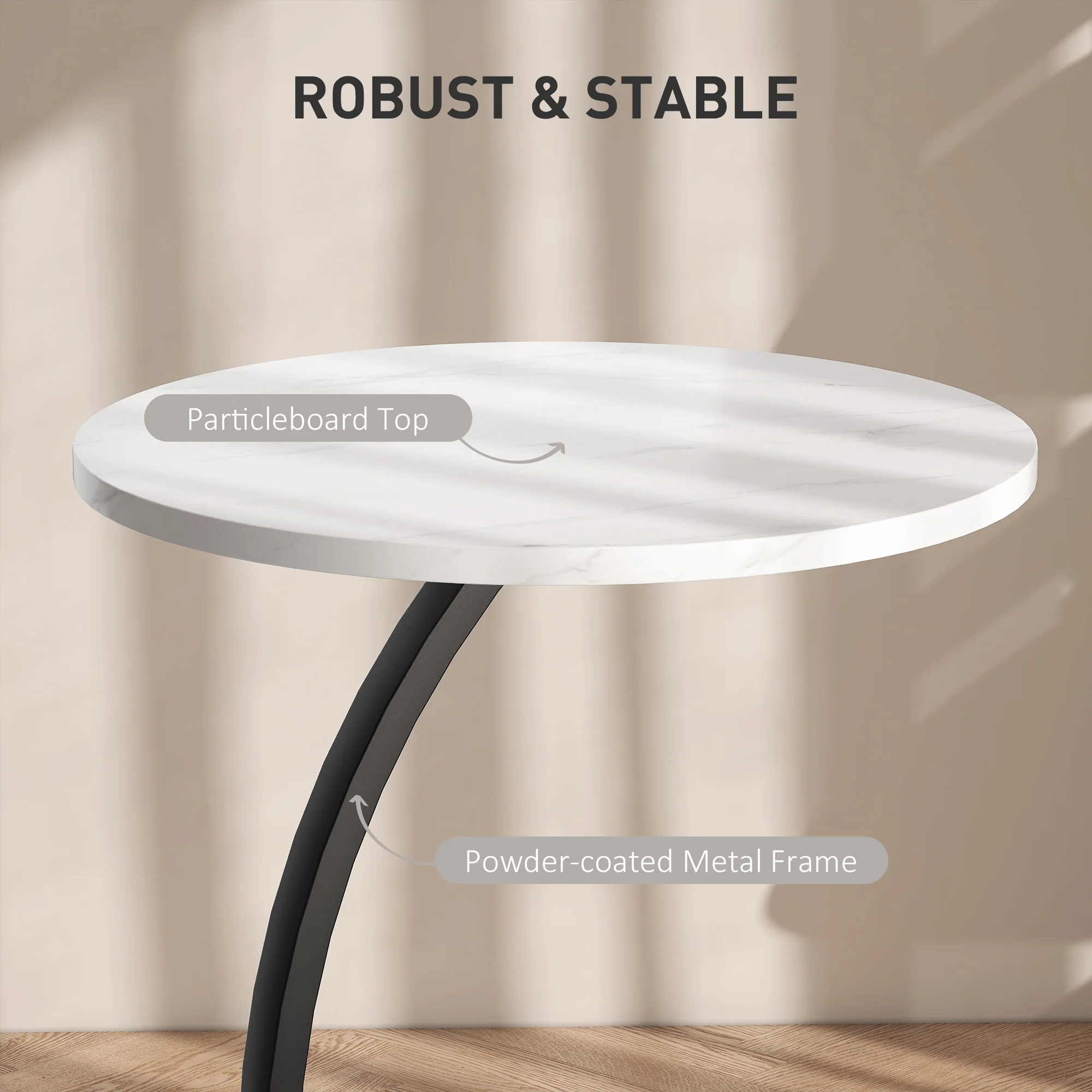 HOMCOM C Shaped Side Table, Round Bedside Table W/ Marble Effect Top, White - Image 6