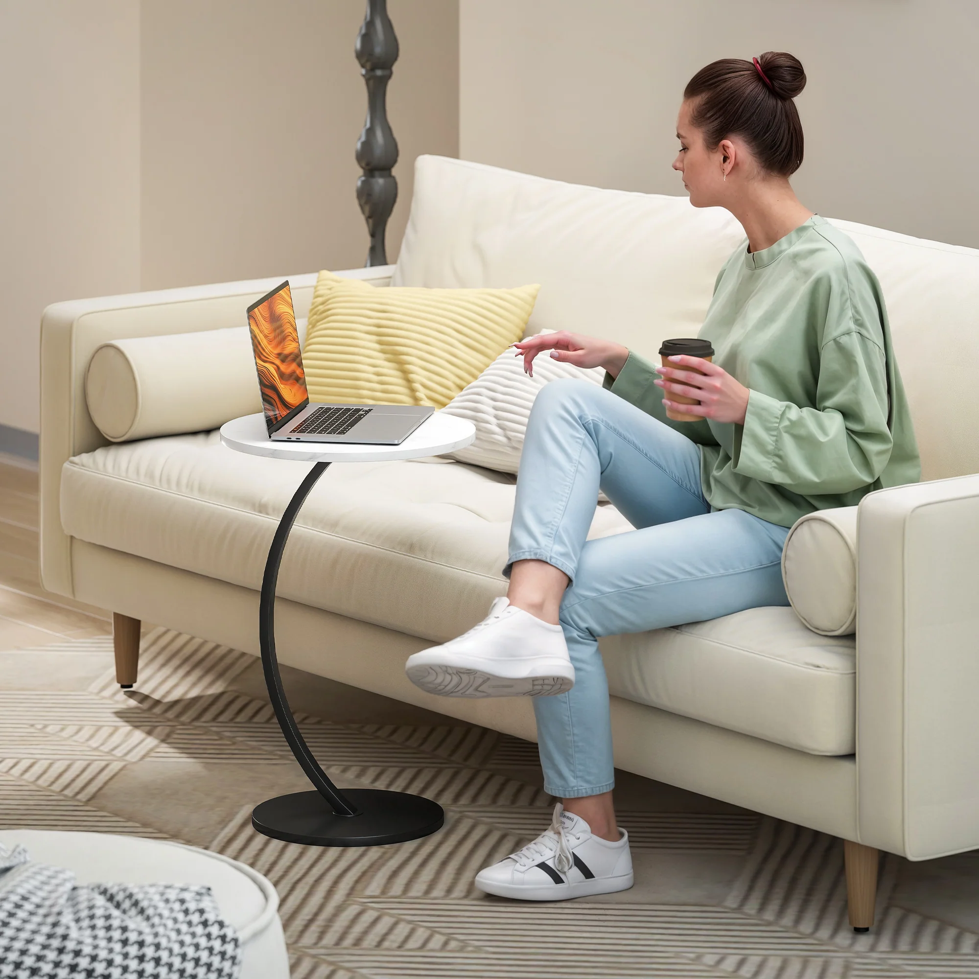HOMCOM C Shaped Side Table, Round Bedside Table W/ Marble Effect Top, White - Image 7