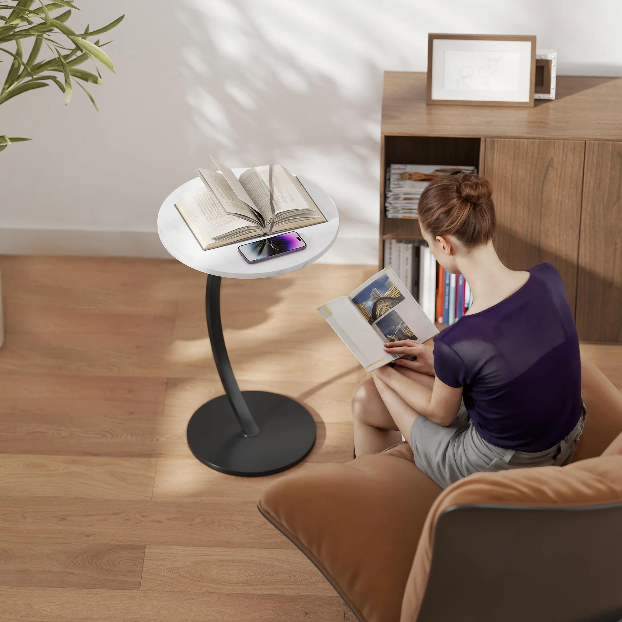 HOMCOM C Shaped Side Table, Round Bedside Table W/ Marble Effect Top, White - Image 8